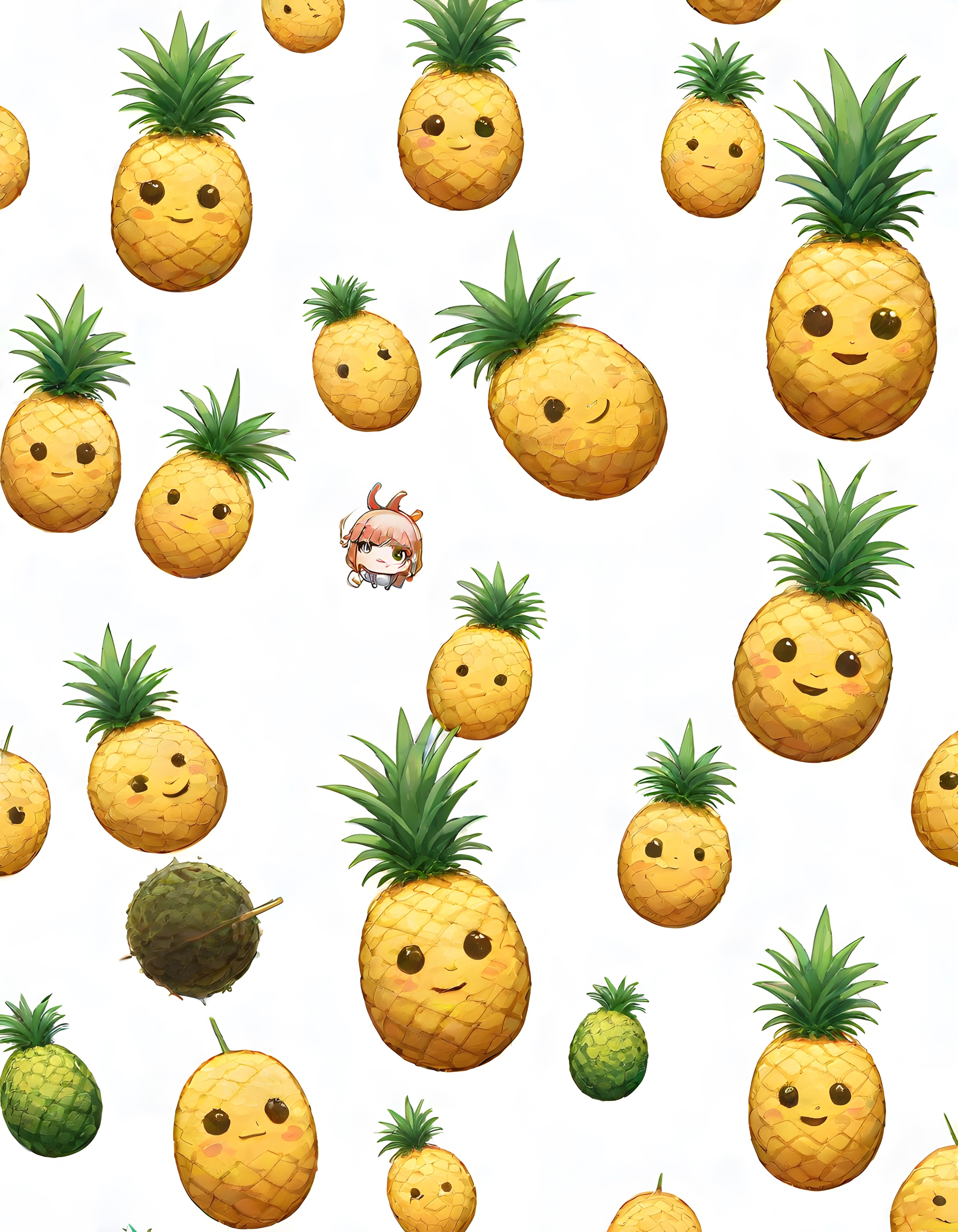 Beyaz Arka Planda Sevimli Yüzlü Kawaii Ananas Karakterleri ve Dijital Desen
