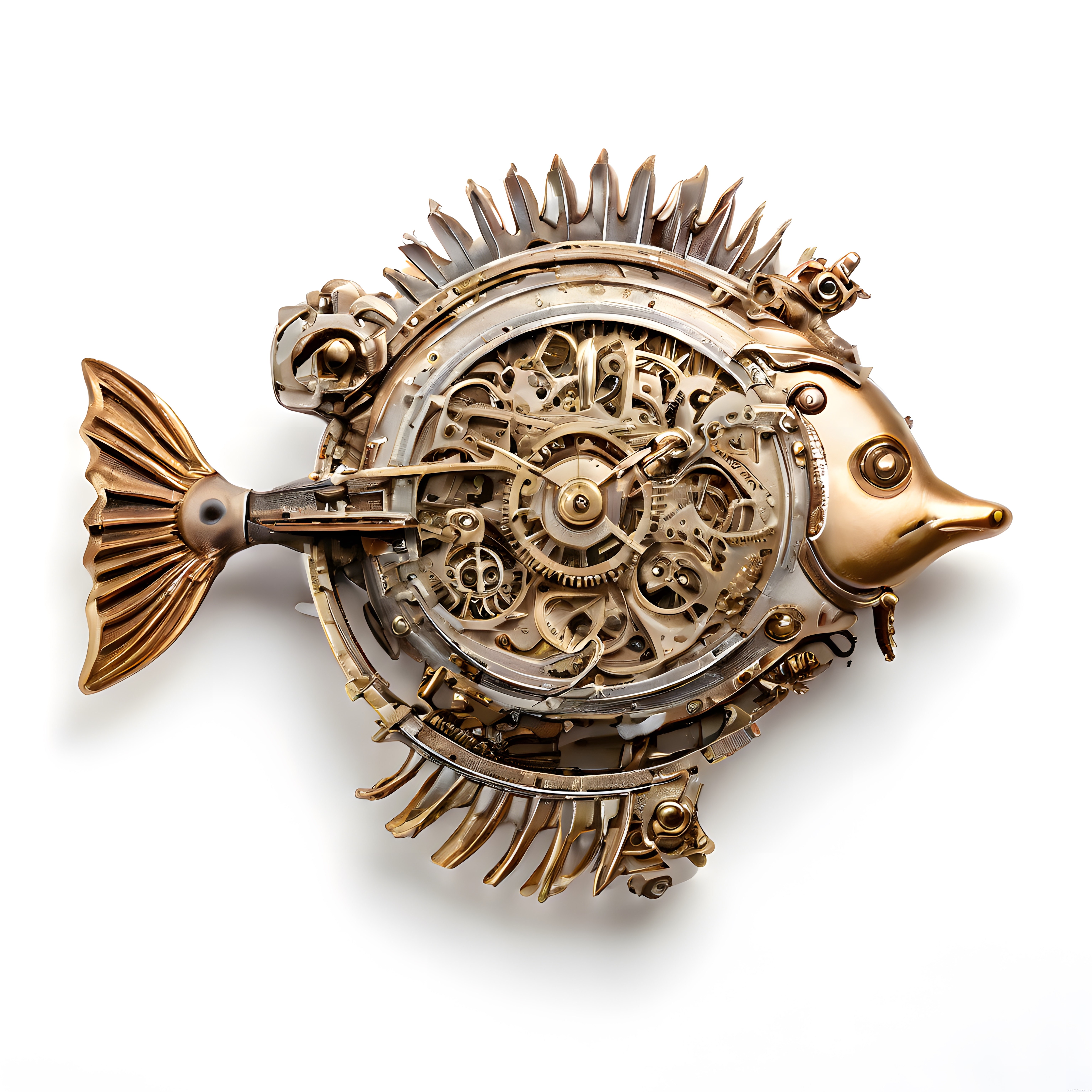 Beyaz Arka Planda Steampunk Pirinç Balık Heykeli ve Saat Mekanizması Detayları