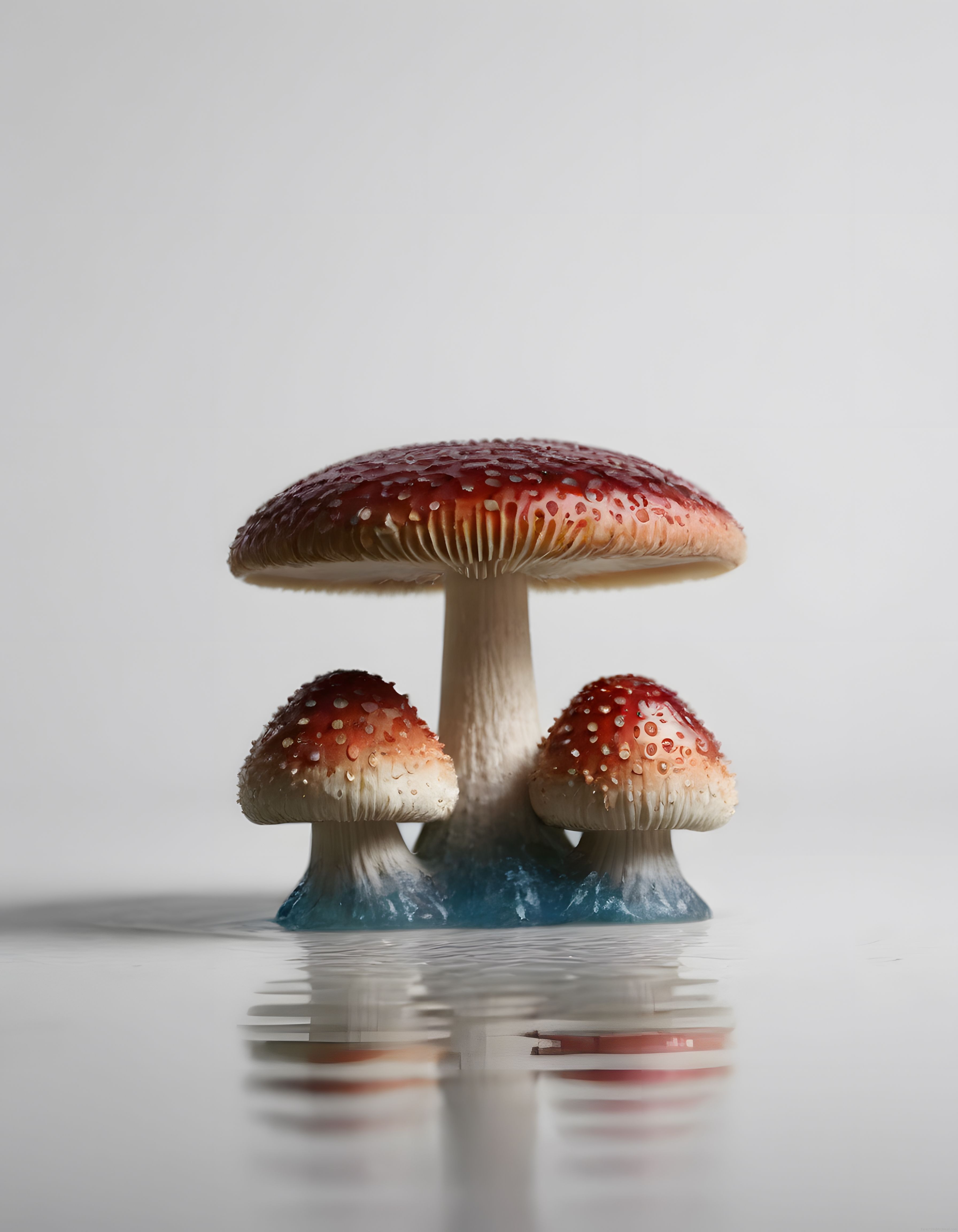 Beyaz Arka Planda Su Üzerinde Duran Üç Kırmızı Benekli Amanita Mantarı