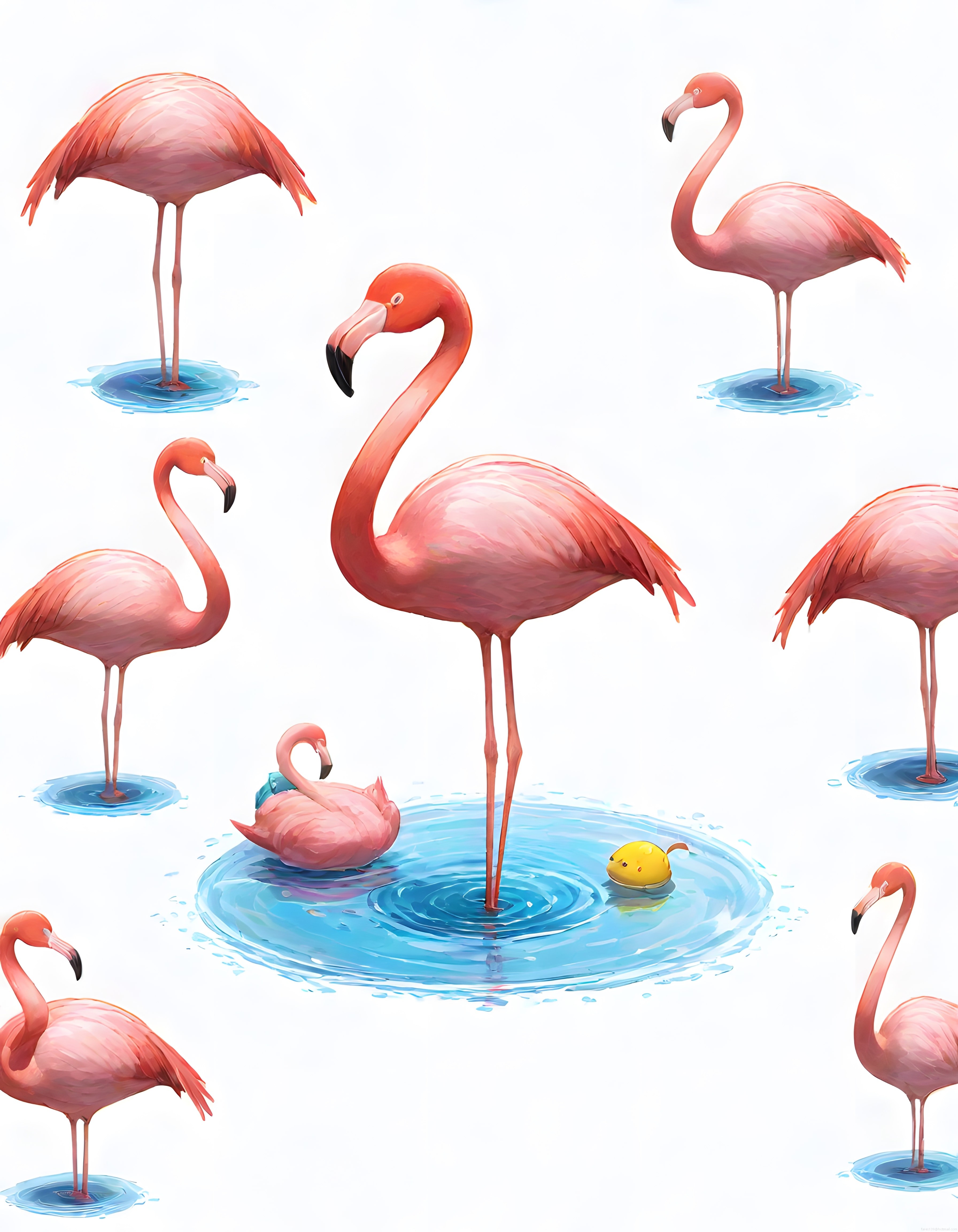 Beyaz Arka Planda Sulak Havuzlarda Pembe Flamingolar ve Sarı Oyuncak Ördek