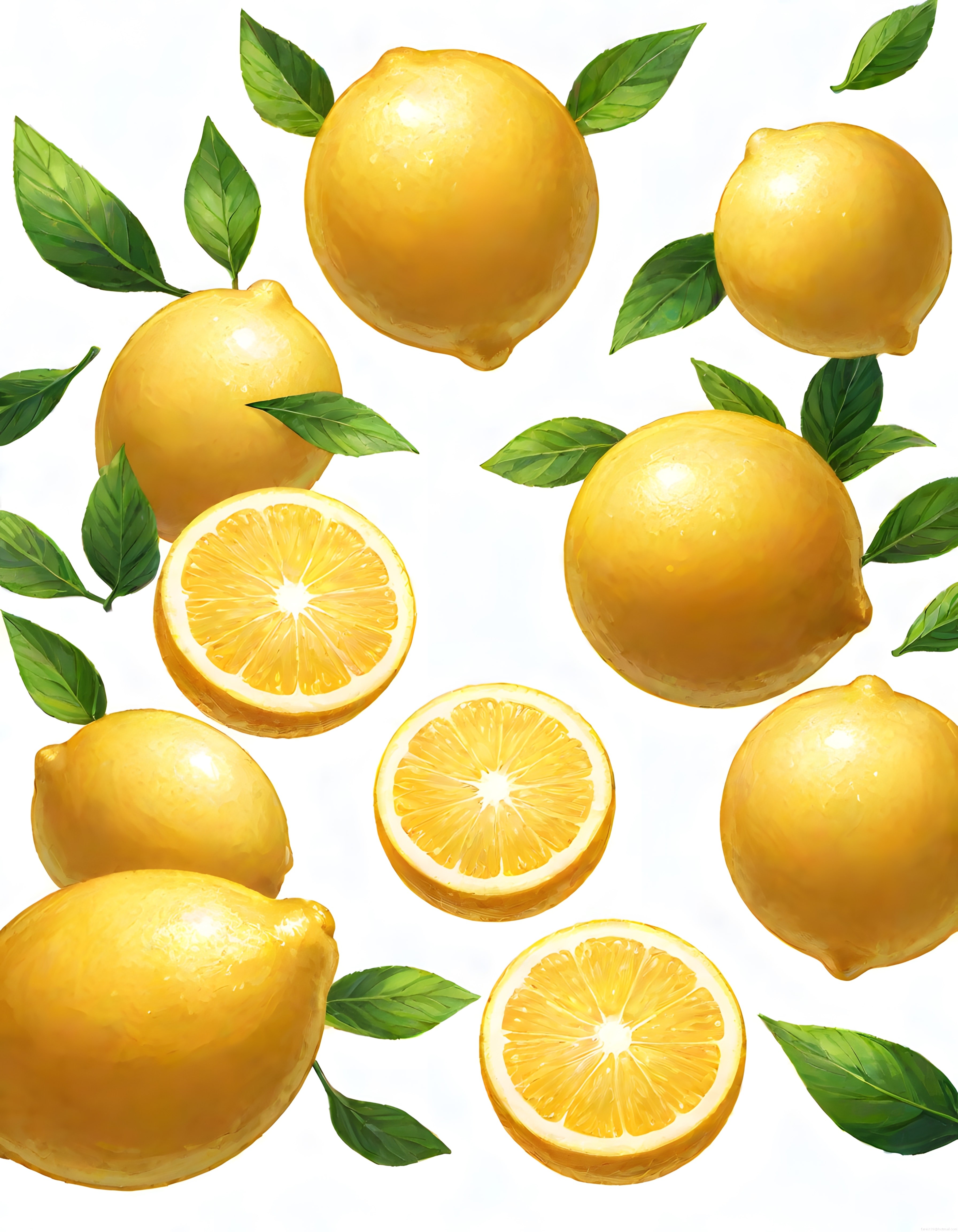 Beyaz Arka Planda Suluboya Tarzında Taze Limonlar ve Yeşil Yapraklar