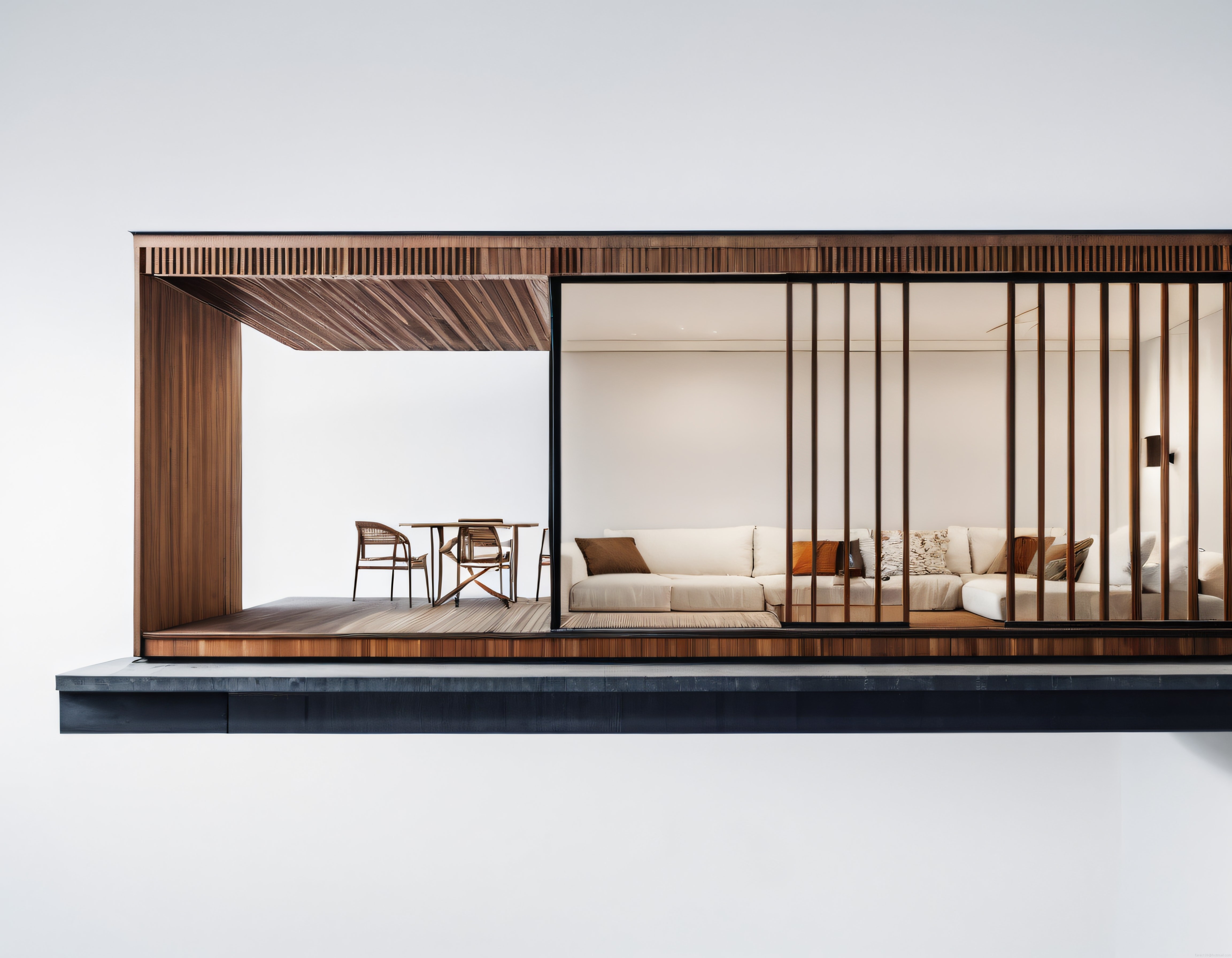Beyaz Arka Planda Süspansiyonlu Modern Ahşap Villa ve İç Mekan Tasarımı