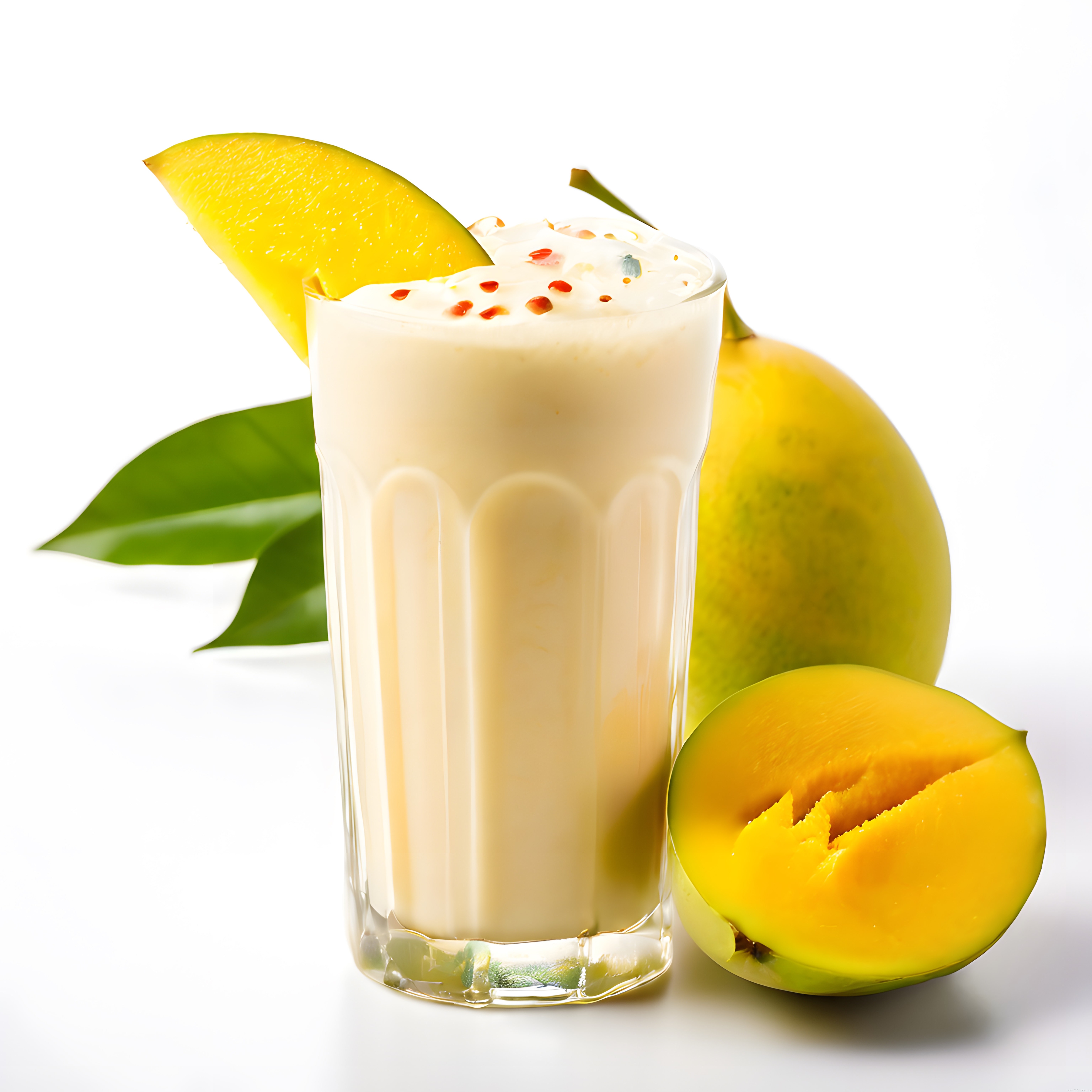 Beyaz Arka Planda Taze Mango Smoothie ve Doğal Meyve Süslemeli Yaz İçeceği