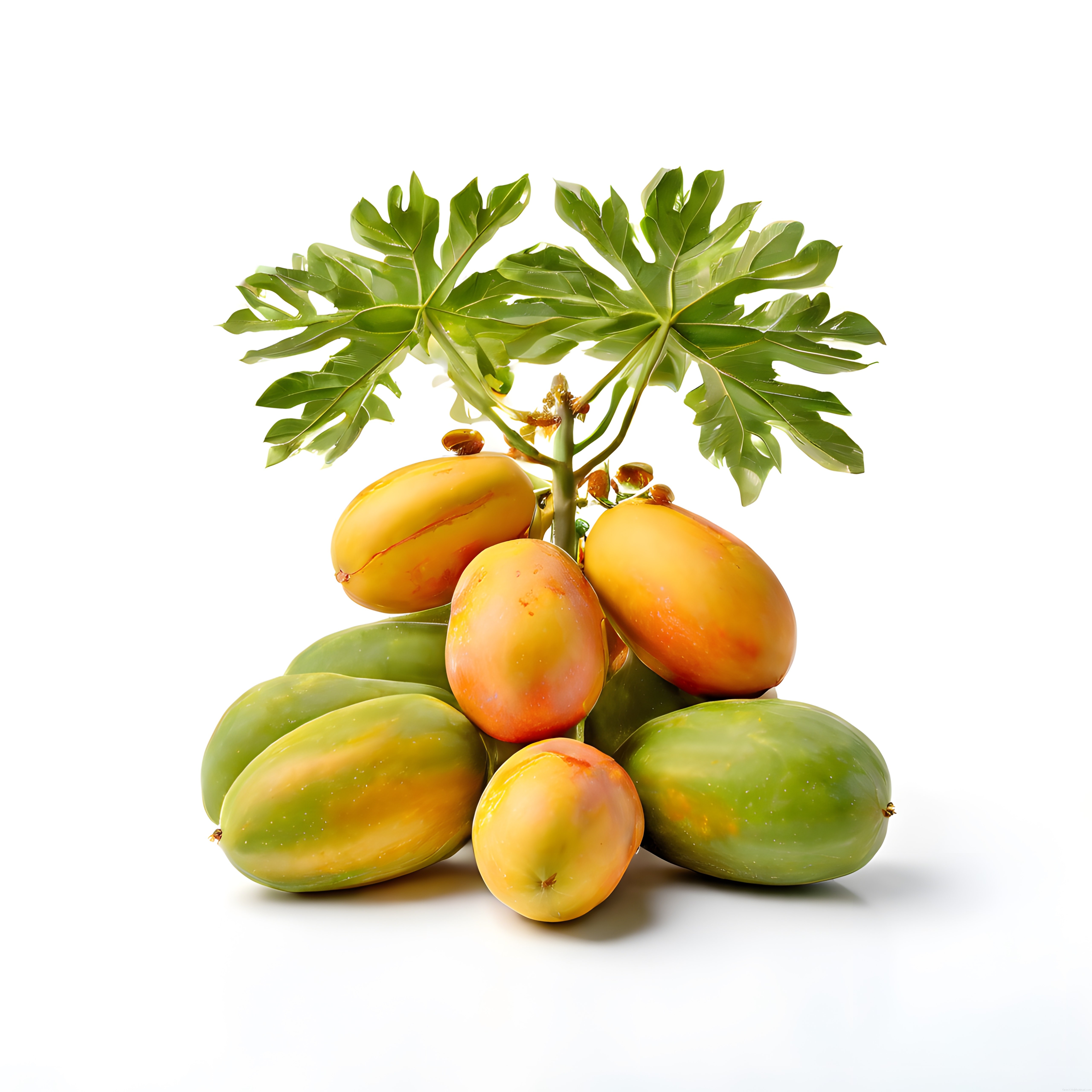 Beyaz Arka Planda Taze Papaya Meyveleri ve Yapraklarıyla Doğal Beslenme Sunumu