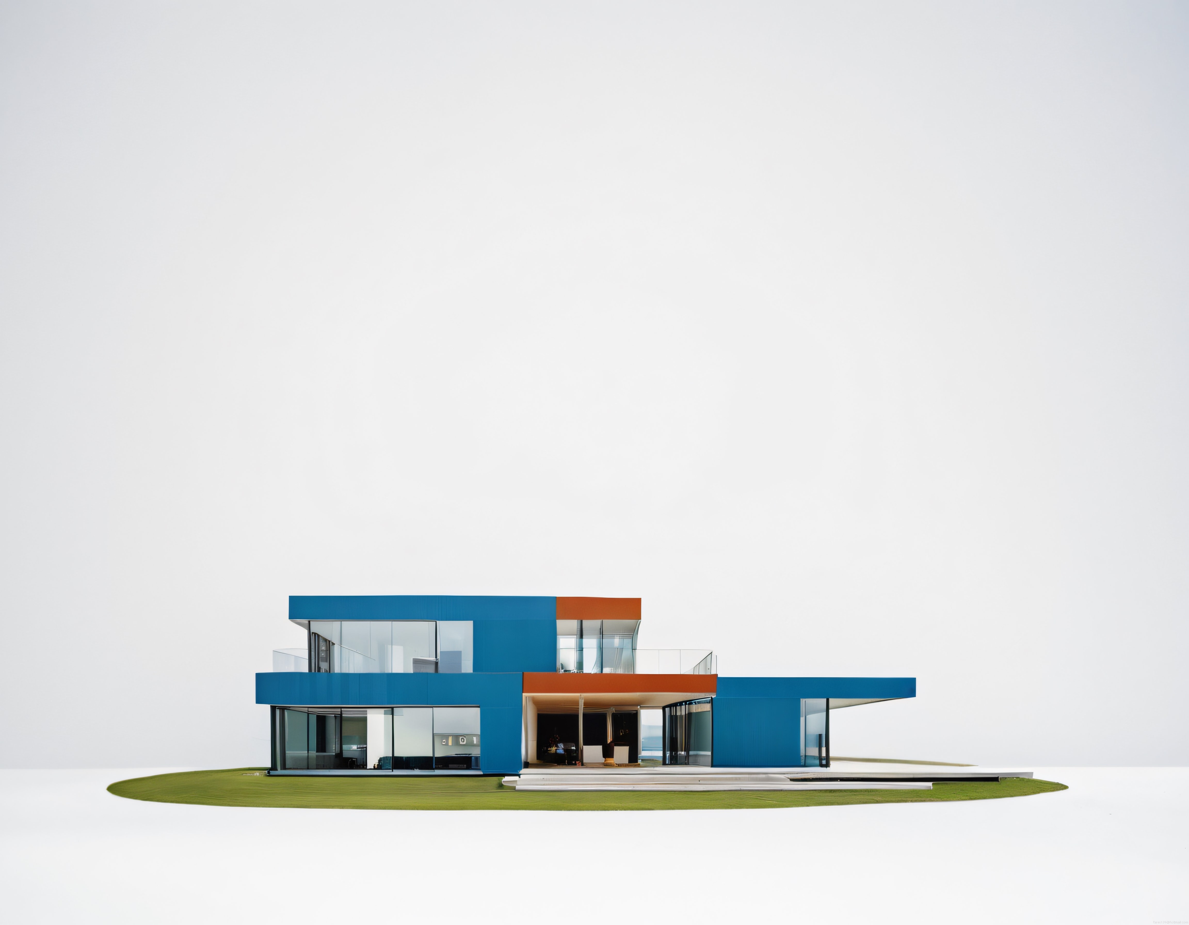 Beyaz Arka Planda Turkuaz ve Turuncu Detaylı Modern Kübik Villa Tasarımı