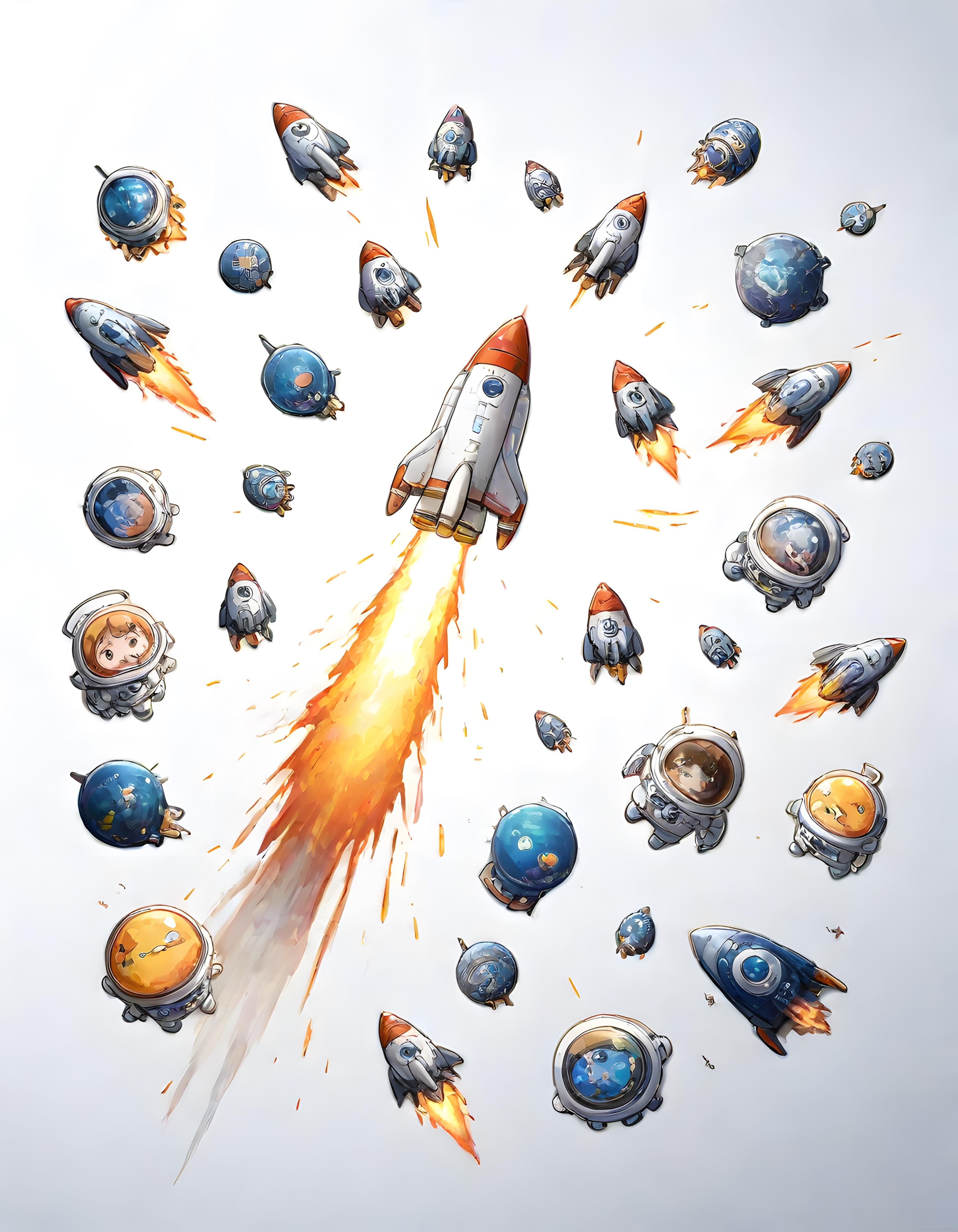 beyaz arka planda uçan sevimli roket astronot ve uzay aracı karikatürleri