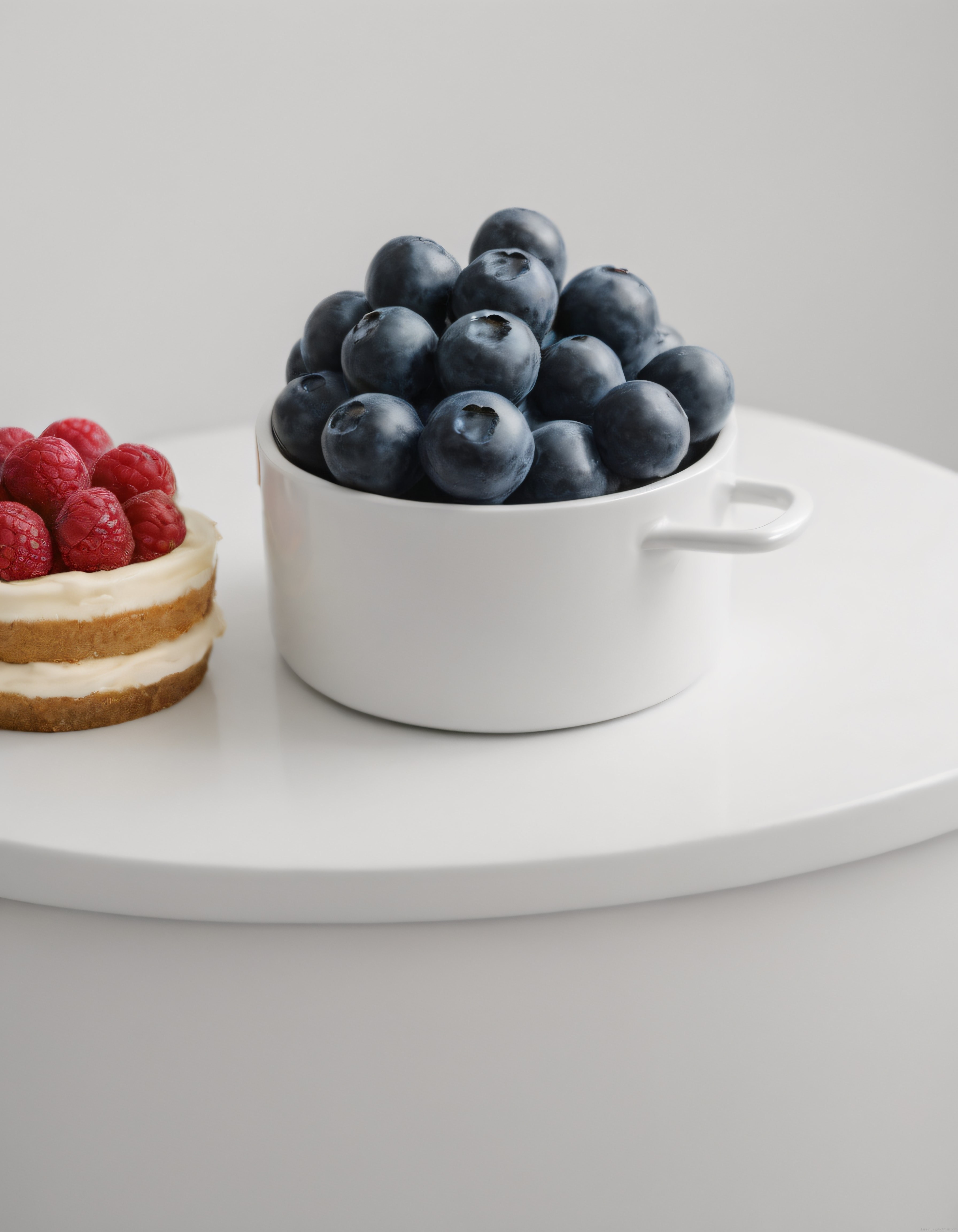 Beyaz arka planda yaban mersini kasesi ve ahududulu katlı mini cheesecake