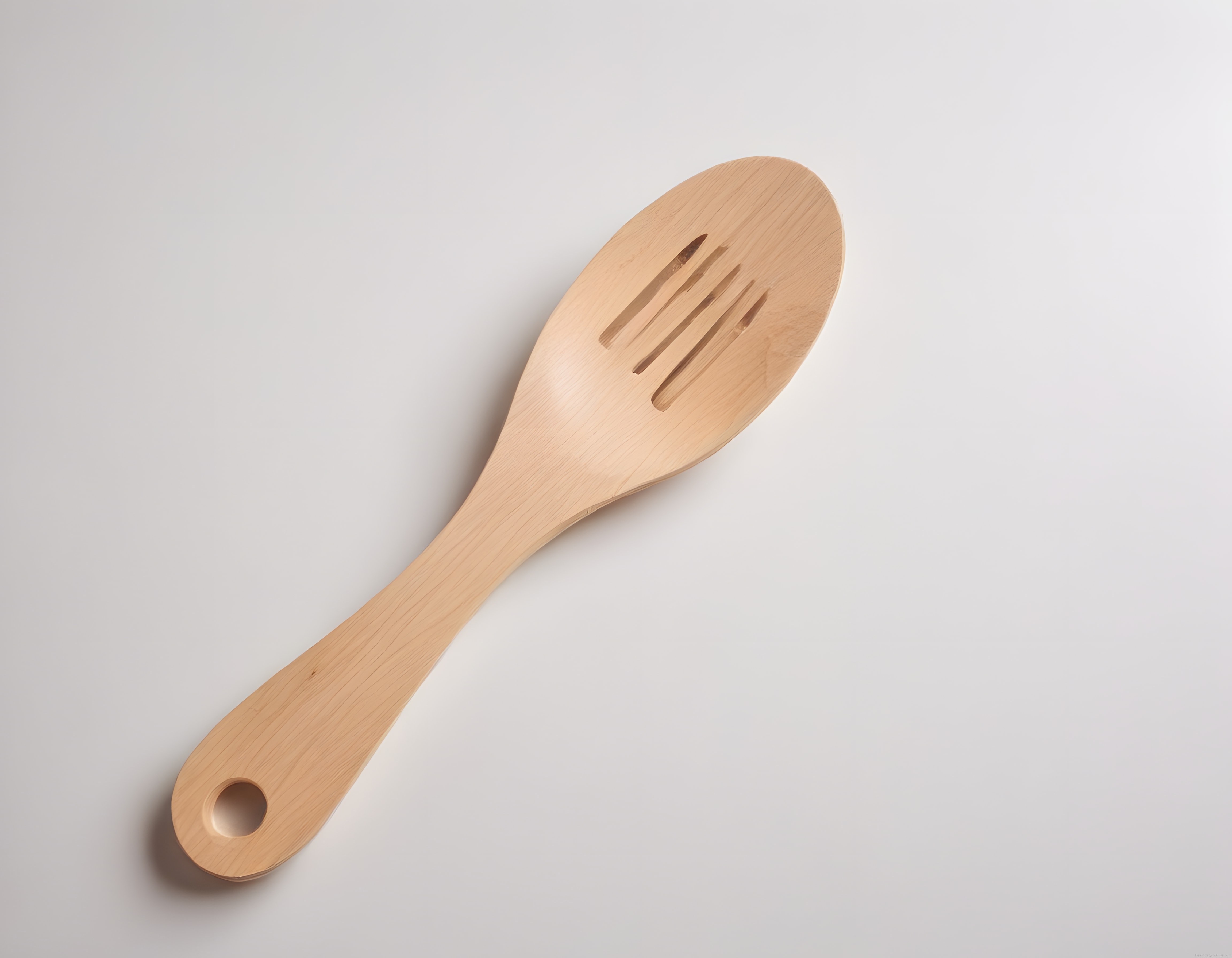 Beyaz Arka Planda Yatay Konumlanmış Doğal Ahşap Delikli Spatula Mutfak Gereci