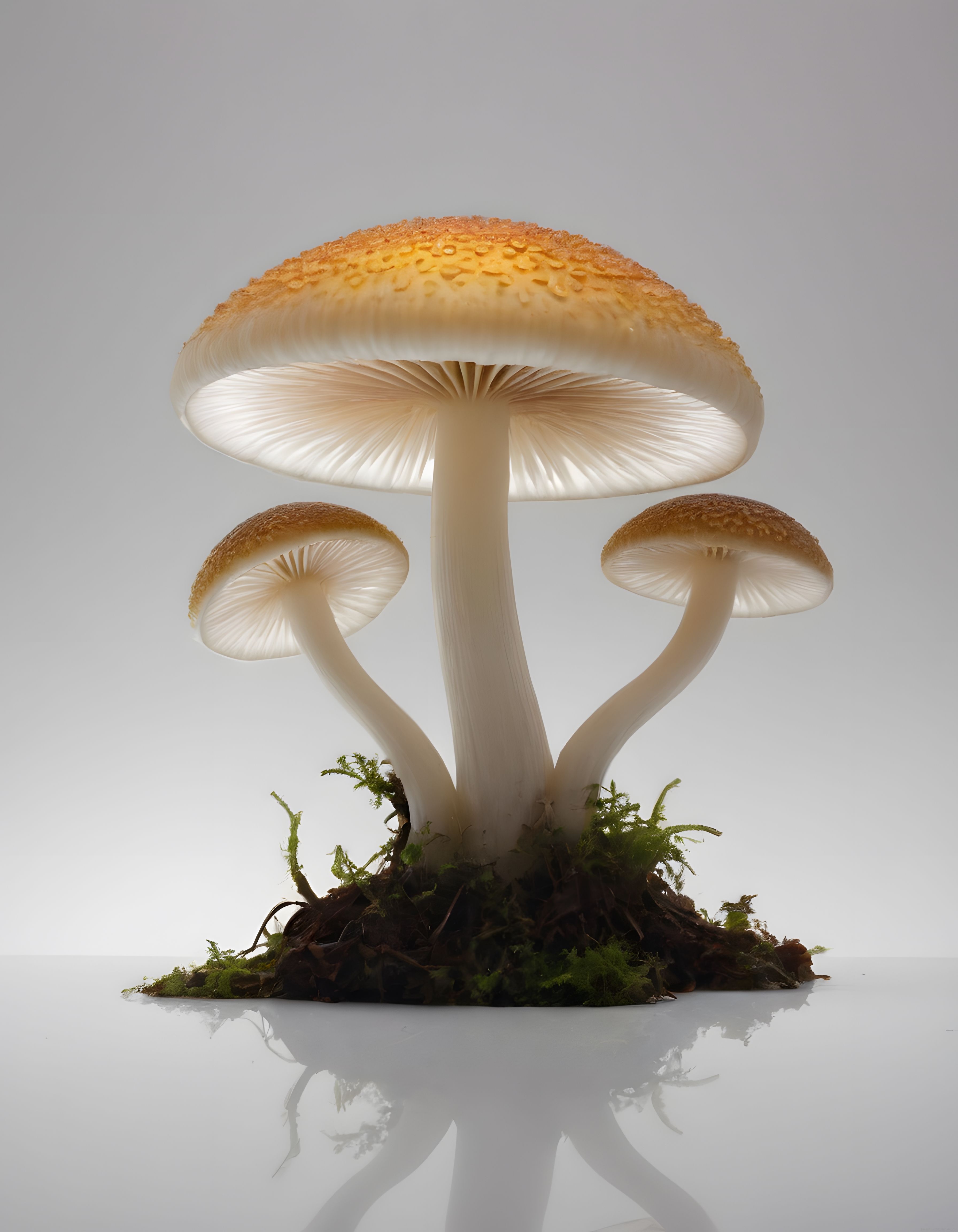 Beyaz Arka Planda Yosunlu Tabanda Büyüleyici Üç Mantar Stüdyo Fotoğrafı