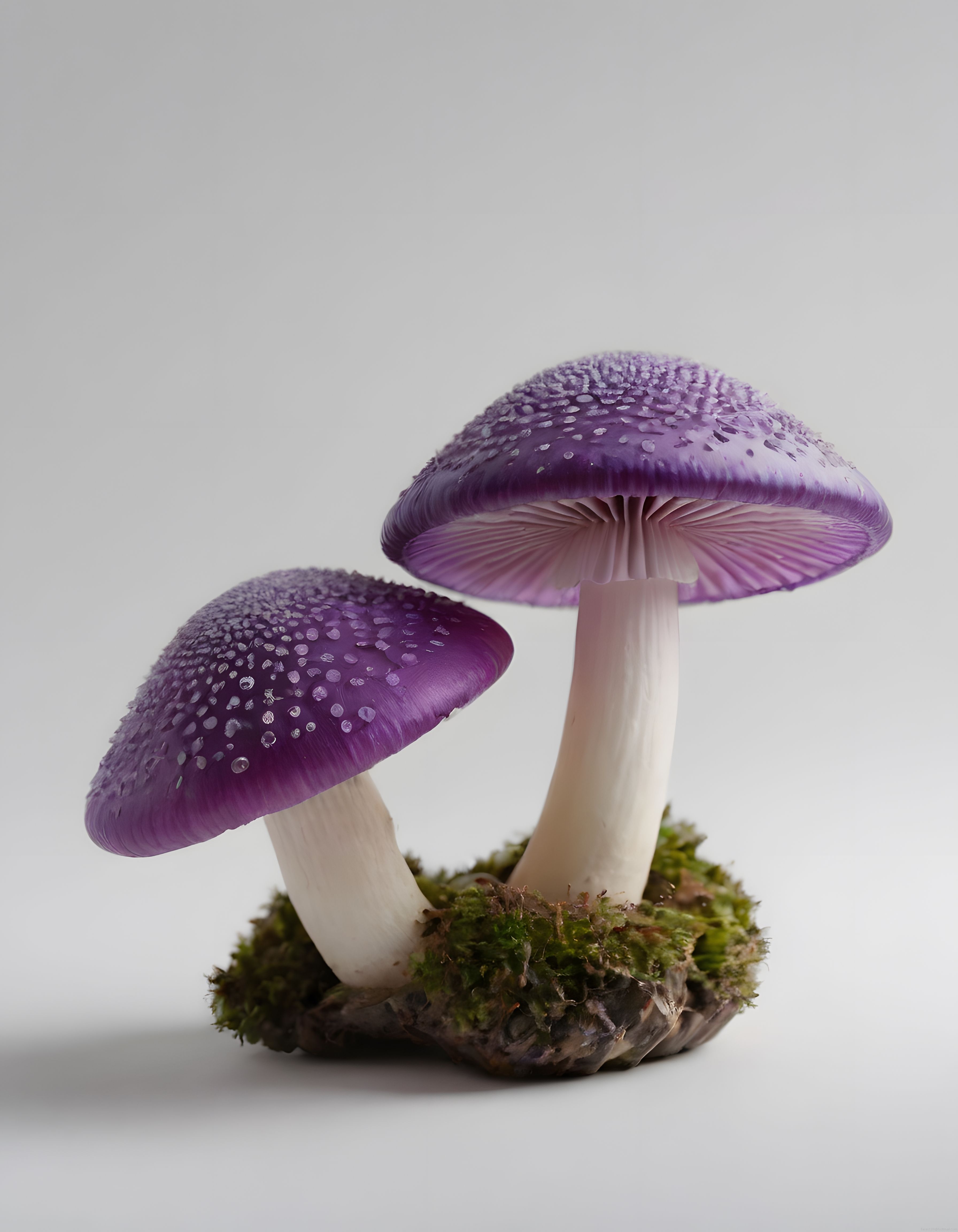 Beyaz Arka Planda Yosunlu Tabanda İki Adet Mor Amanita Mantarı