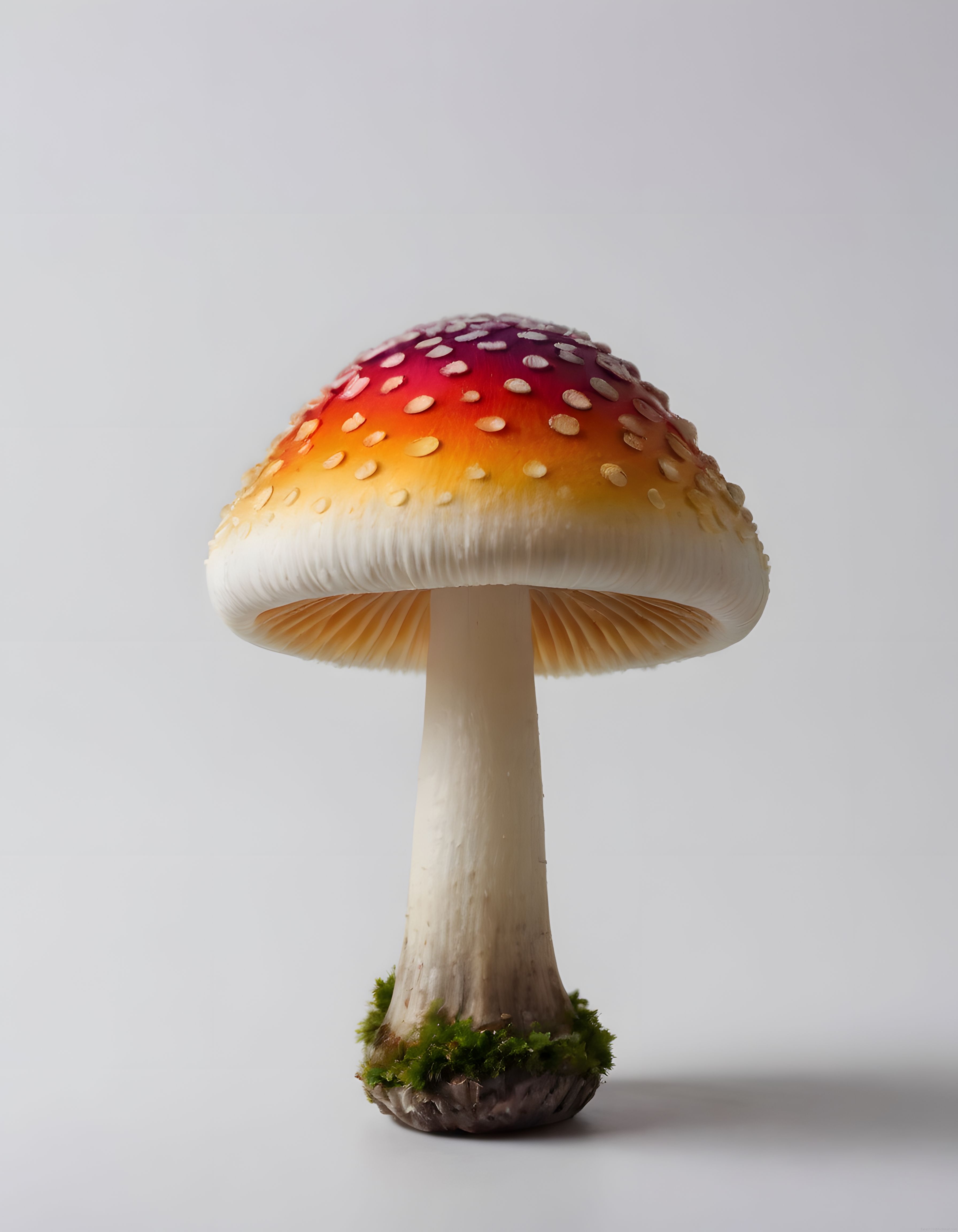 Beyaz arka planda yosunlu tabanlı kırmızı benekli amanita mantarı makro görseli
