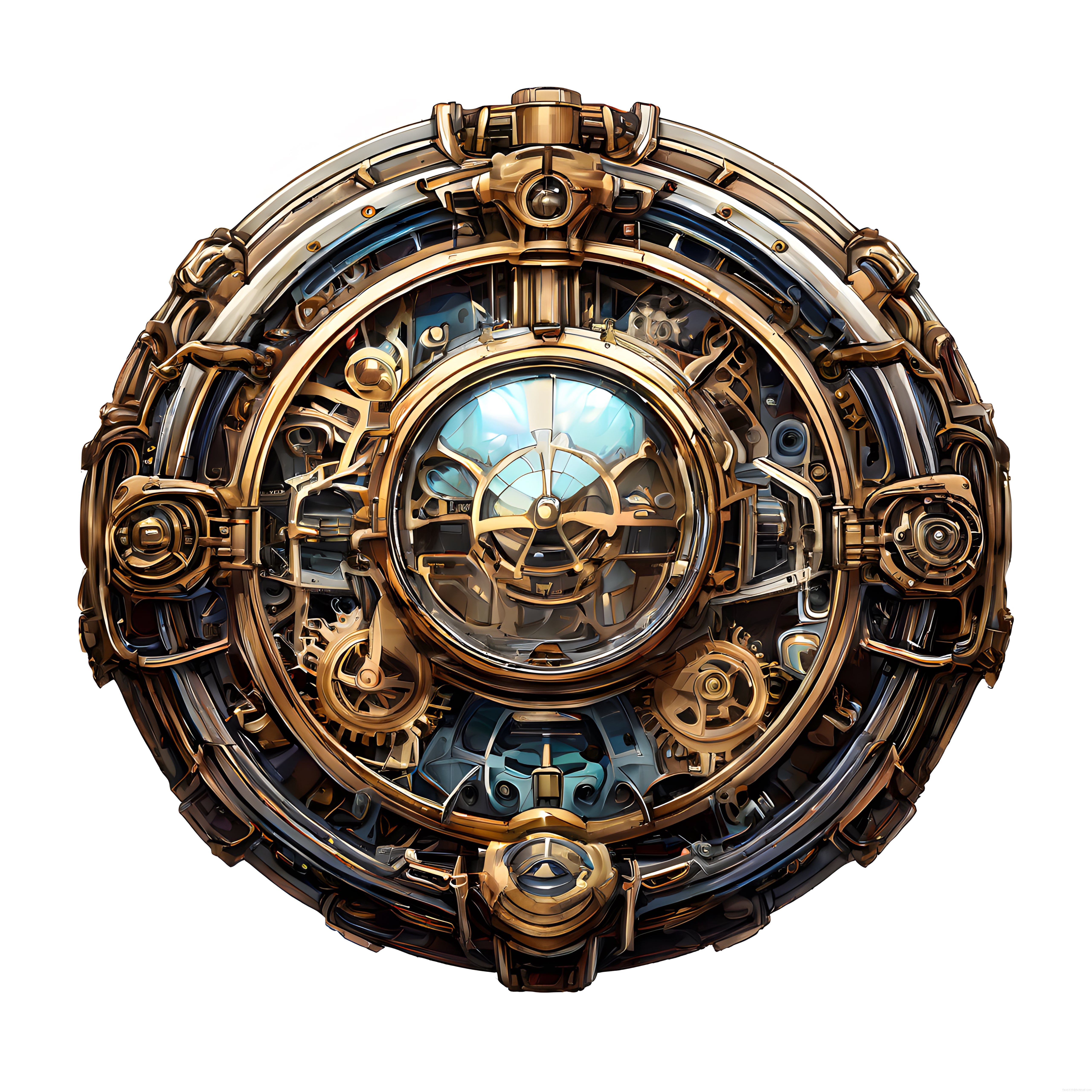Beyaz Arkaplanda Detaylı Steampunk Cep Saati Mekanizması ve Gizemli Çekirdek