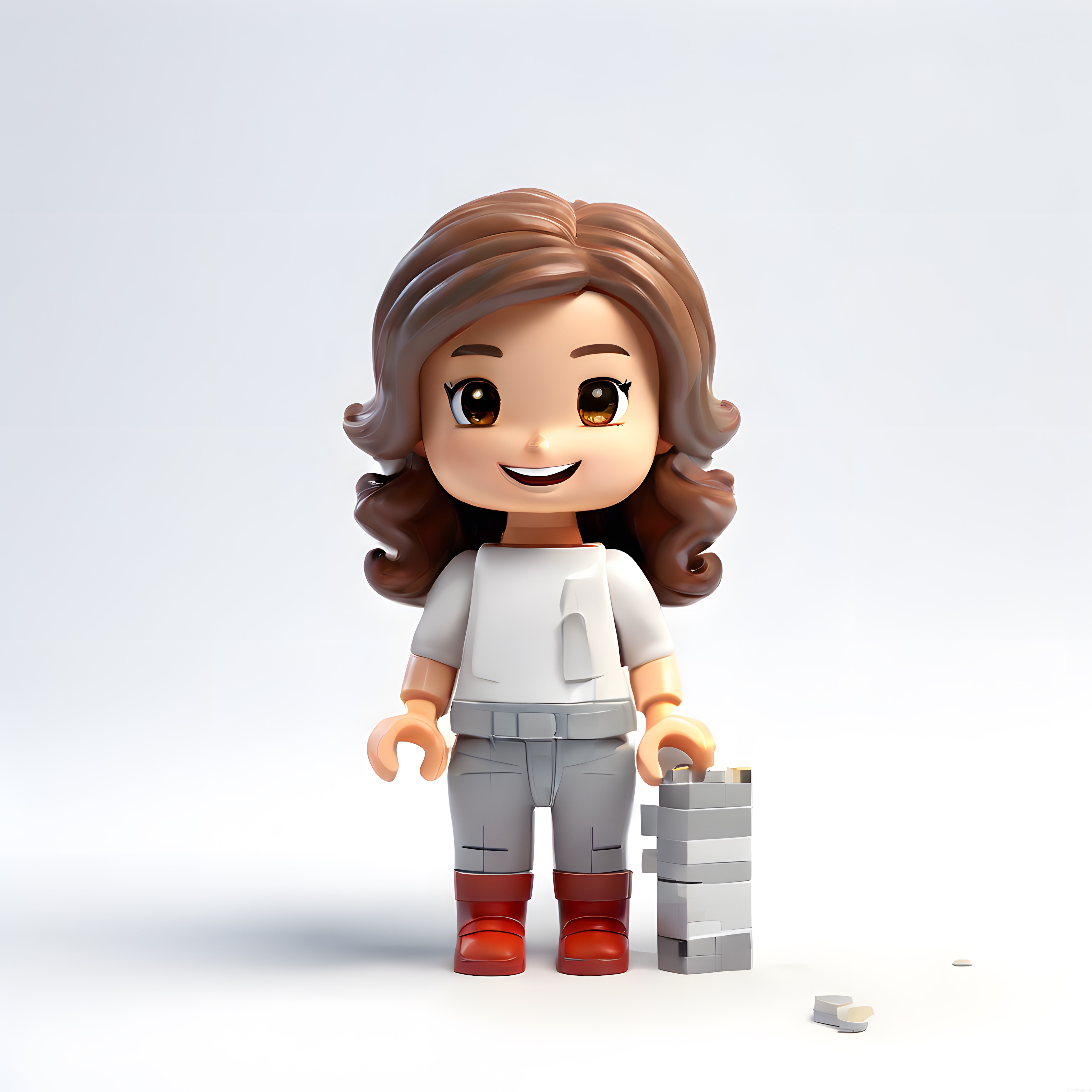 beyaz arkaplanda gülümseyen lego tarzı kız figürü ve küçük yapı bloğu kulesi