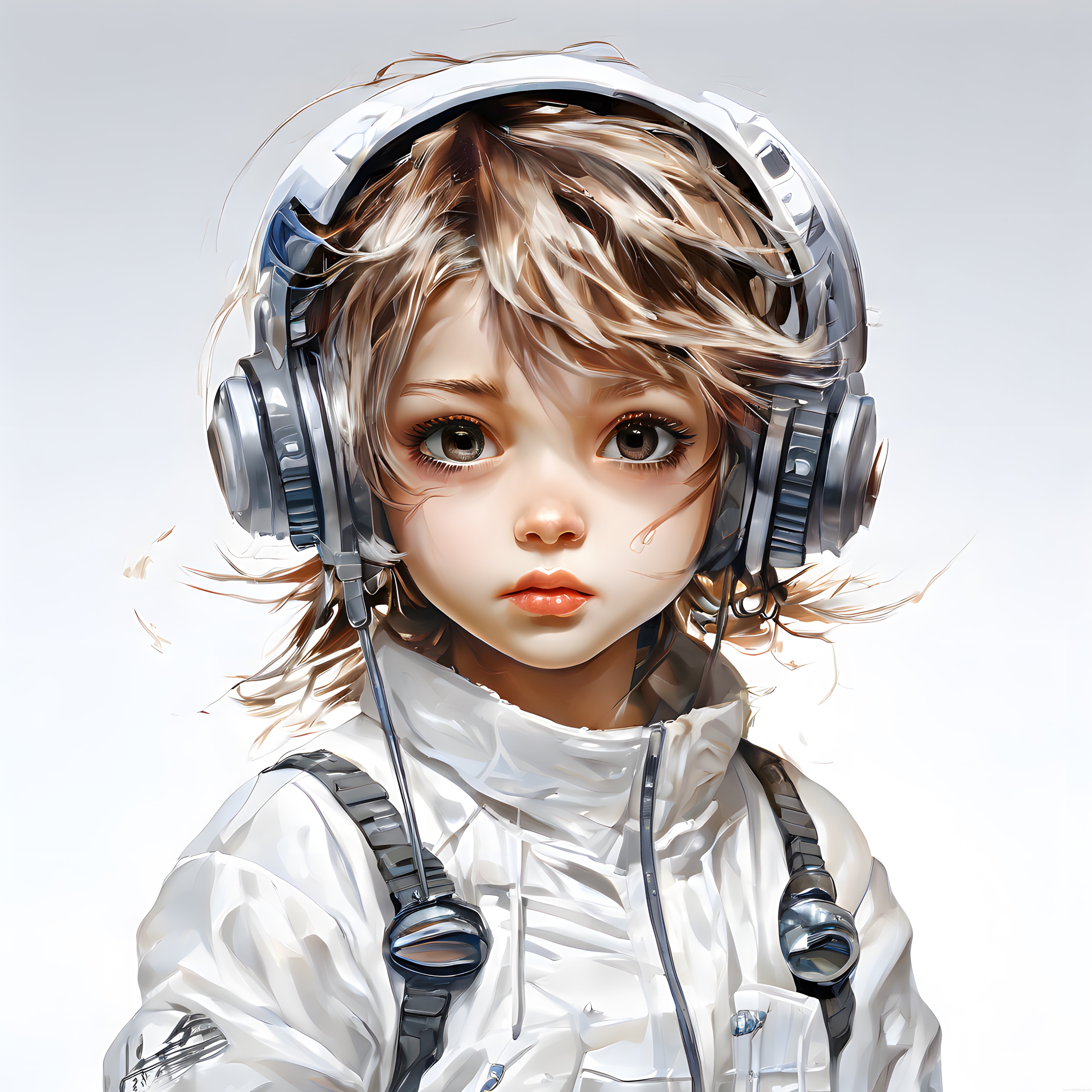 Beyaz Astronot Ceketli Kulaklıklı Sarışın Anime Karakter Portresi