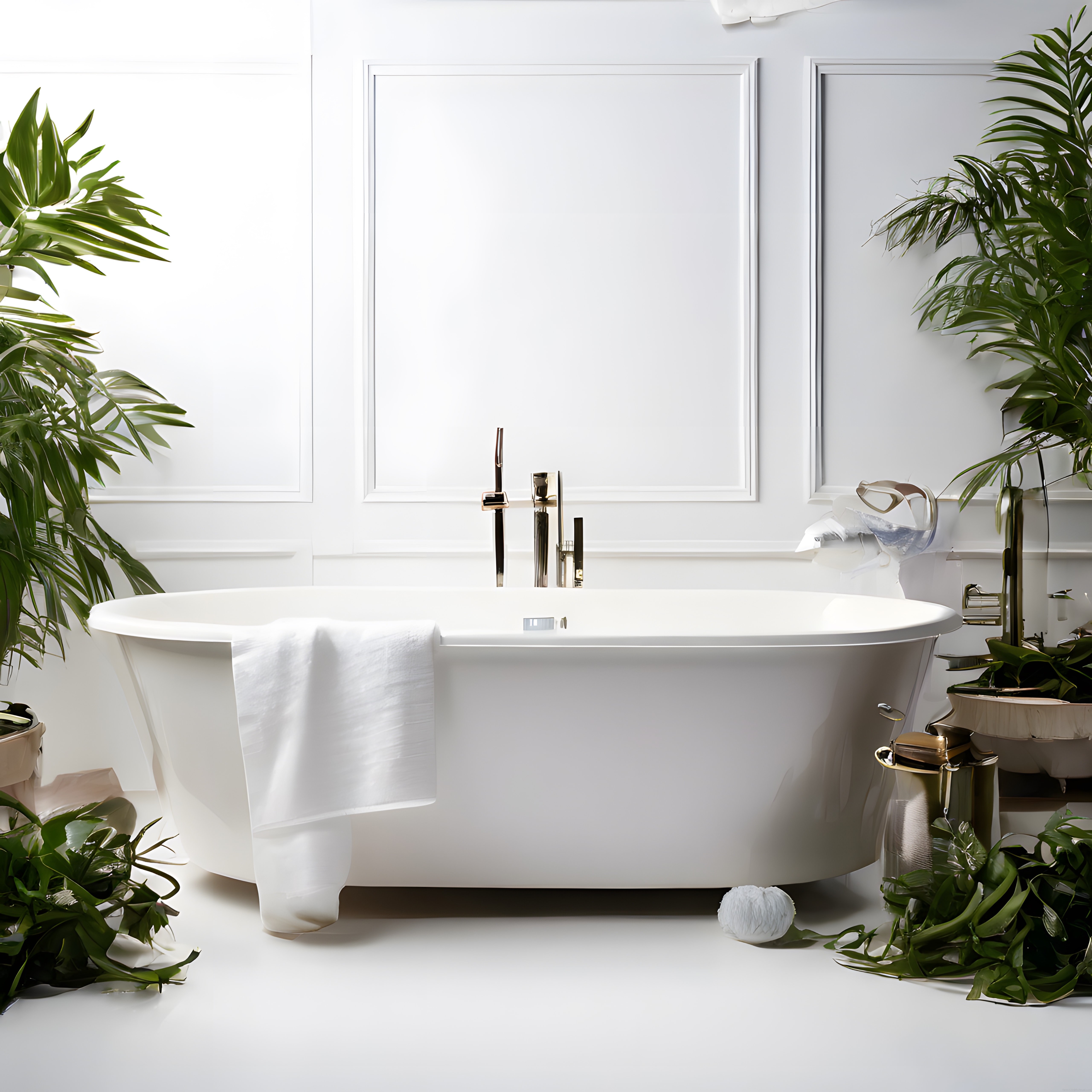 Beyaz banyo küveti, altın rengi musluk ve yeşil bitkiler