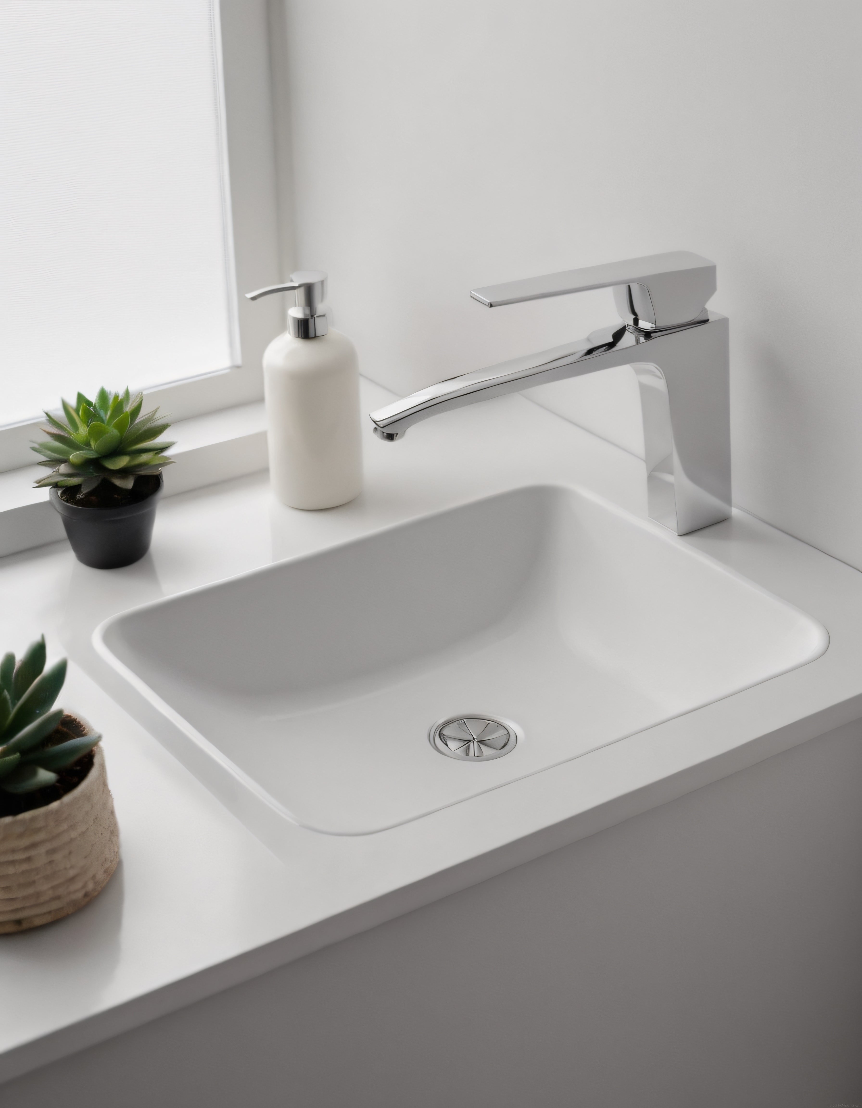 Beyaz banyo tezgahında krom musluk ve sukulentlerle minimalist modern tasarım