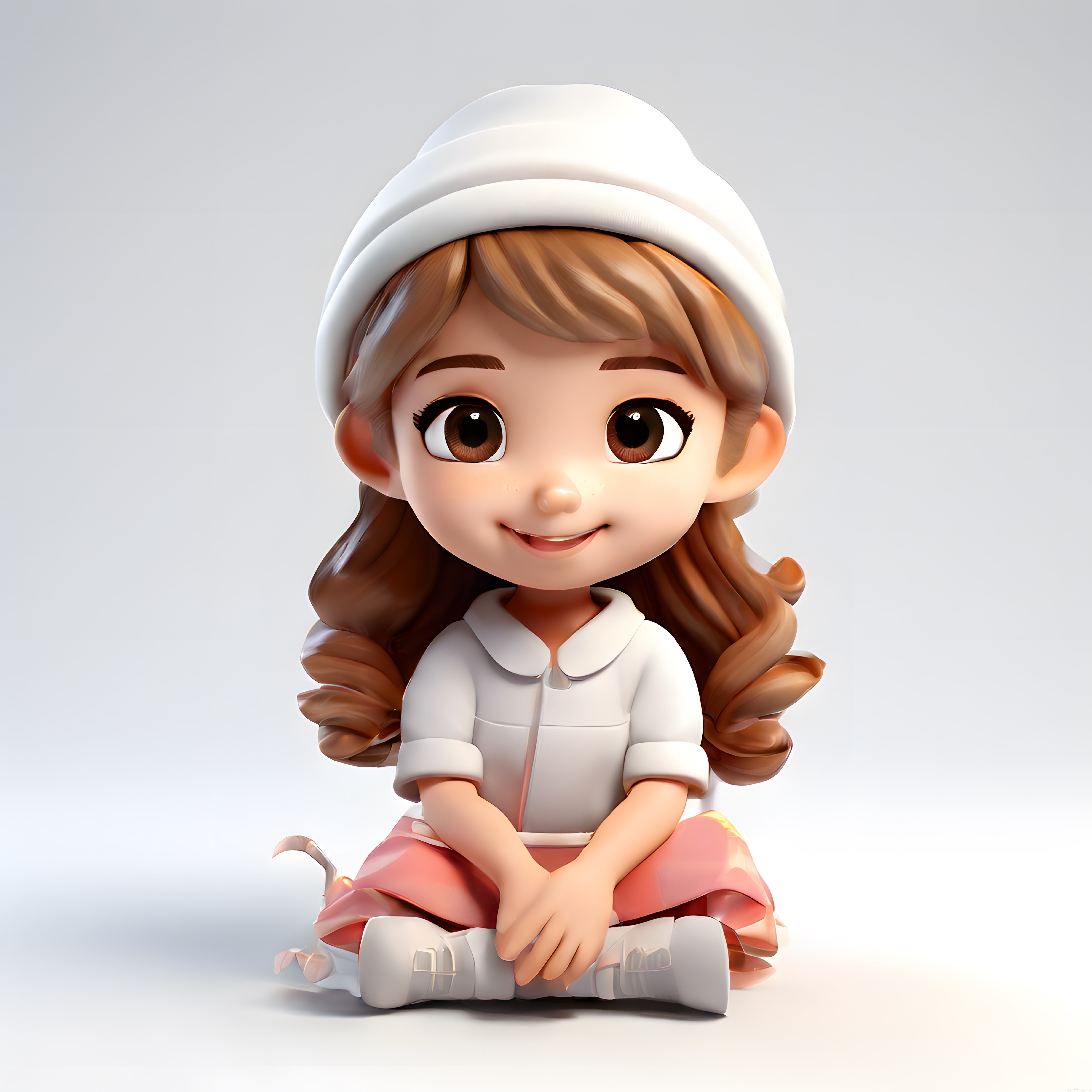 Beyaz Bereli ve Pembe Etekli Sevimli 3D Kız Karakteri Oturur Pozisyonda
