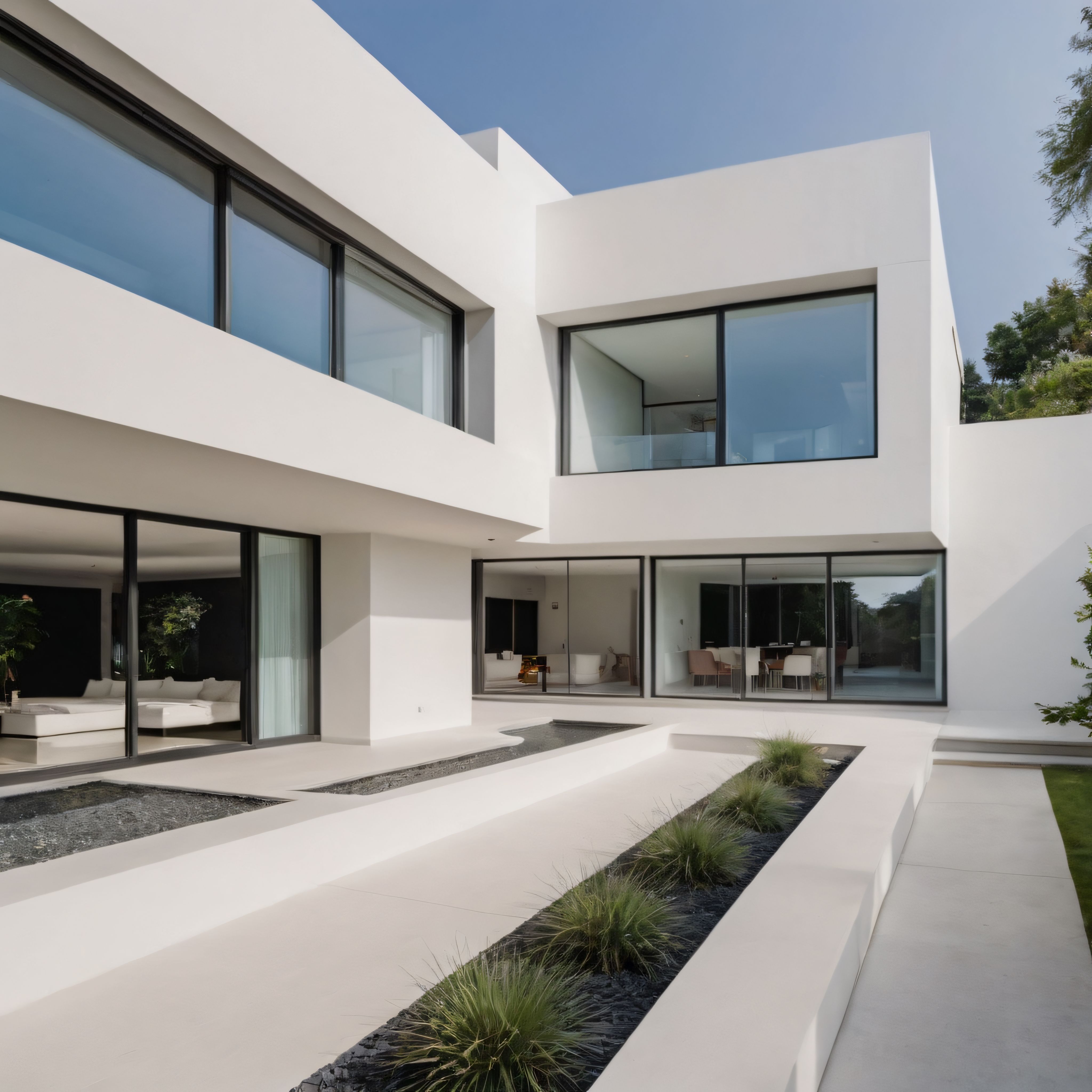 Beyaz Beton Cepheli Modern Villa, Geniş Camlar ve Minimalist Avlu Peyzajı