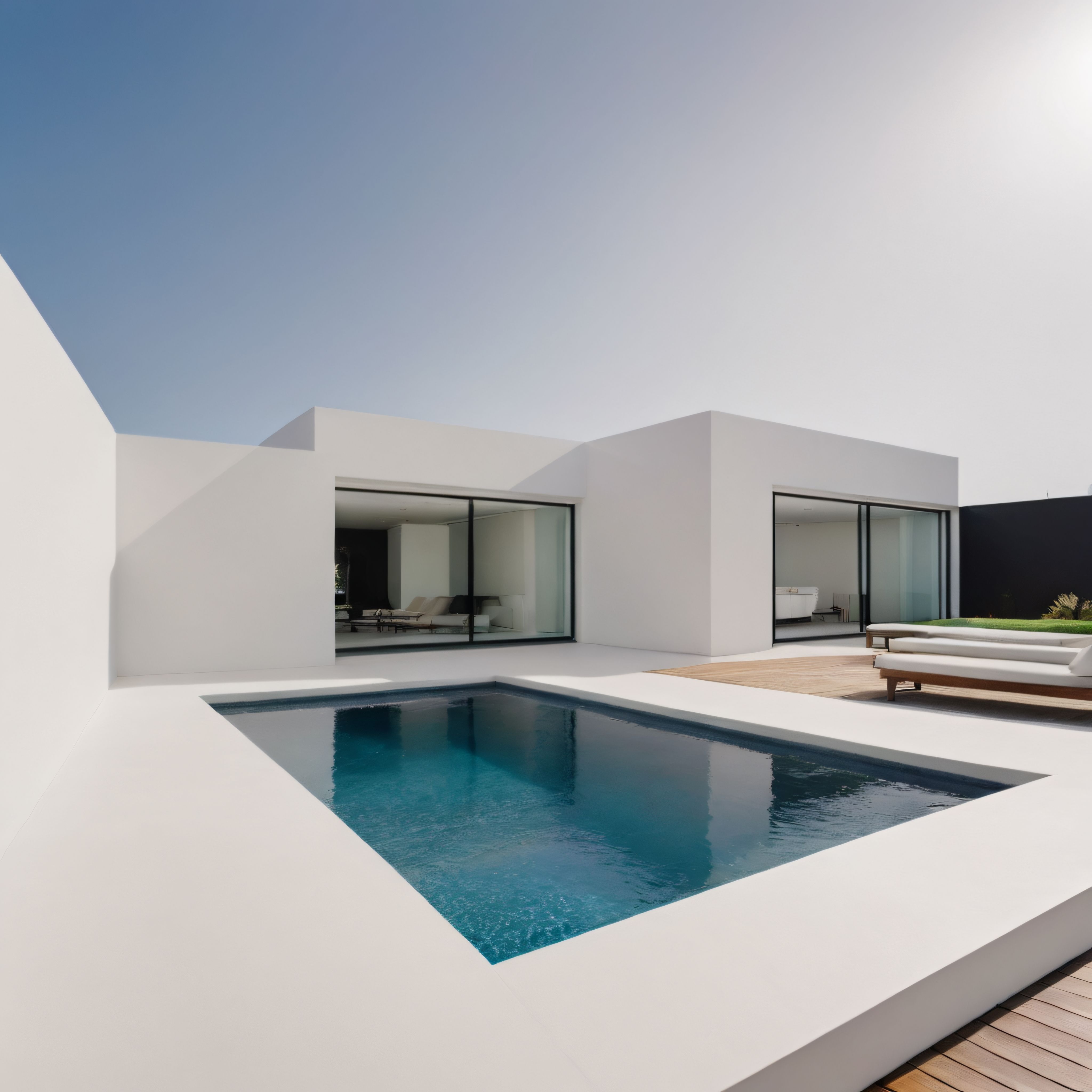 Beyaz beton duvarlı modern villa ve lüks prizmatik yüzme havuzu manzarası