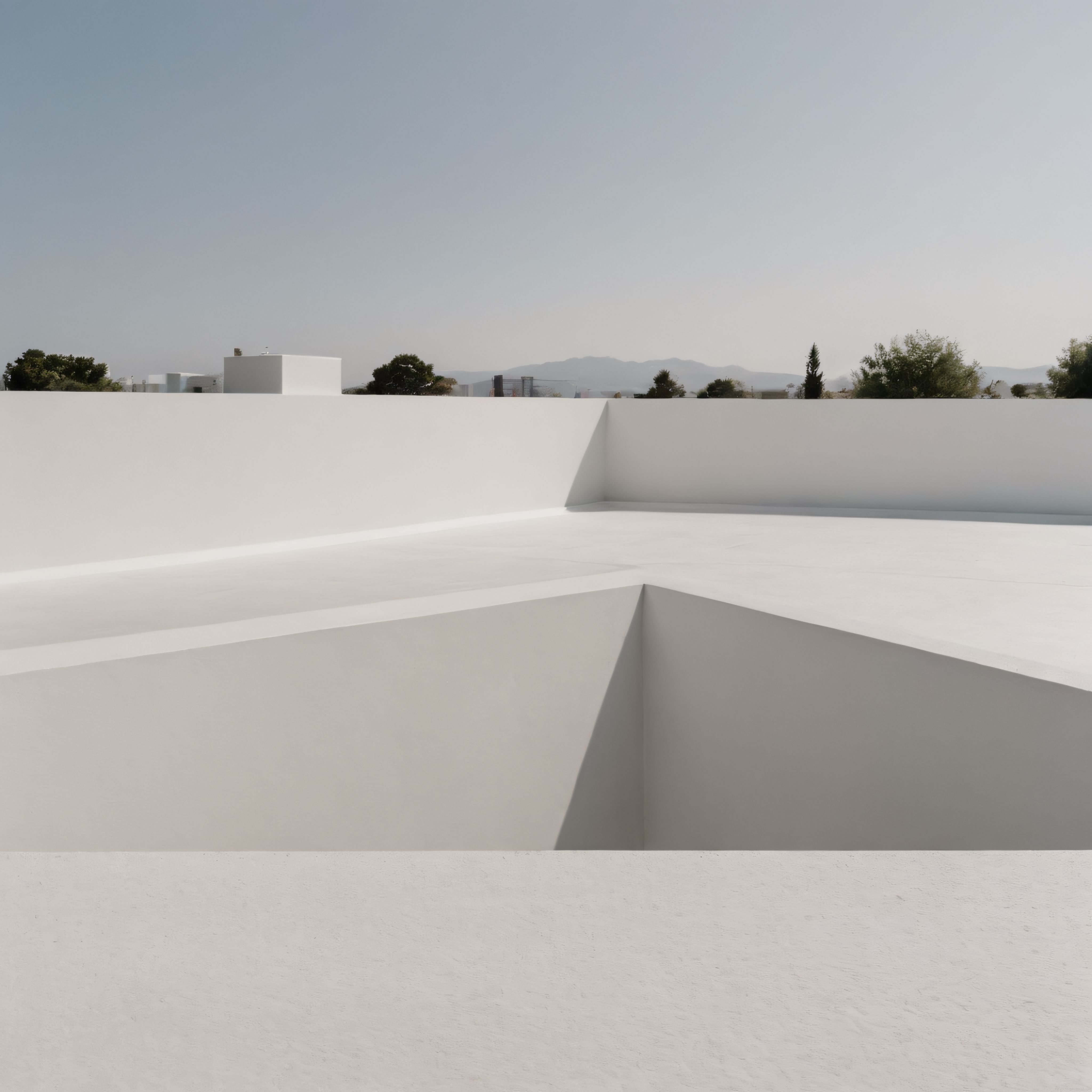 Beyaz beton terasın keskin geometrik hatlarıyla modern mimari ve uzakta dağ silueti