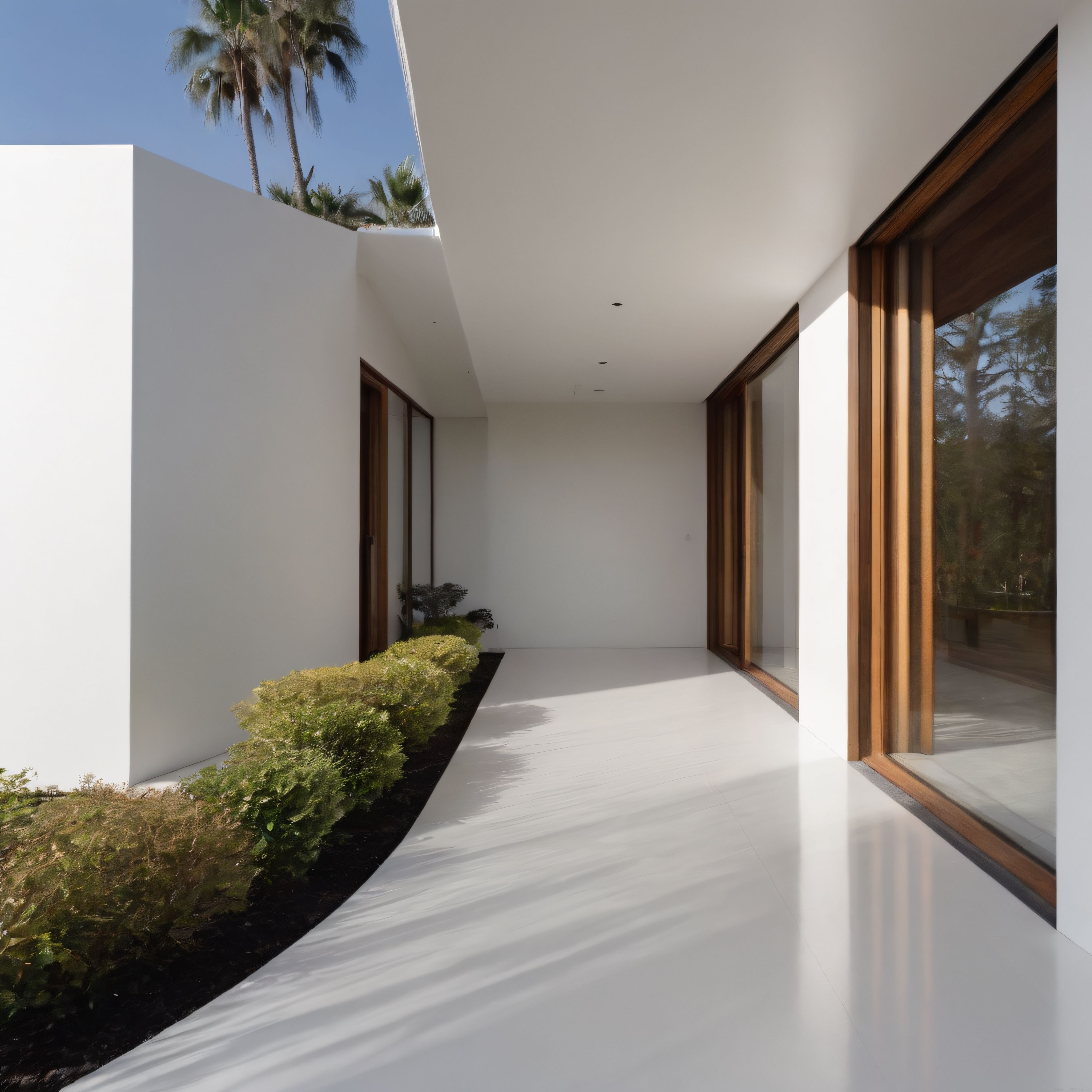 Beyaz Beton ve Ahşap Çerçevelerle Modern Villa Avlu Tasarımı