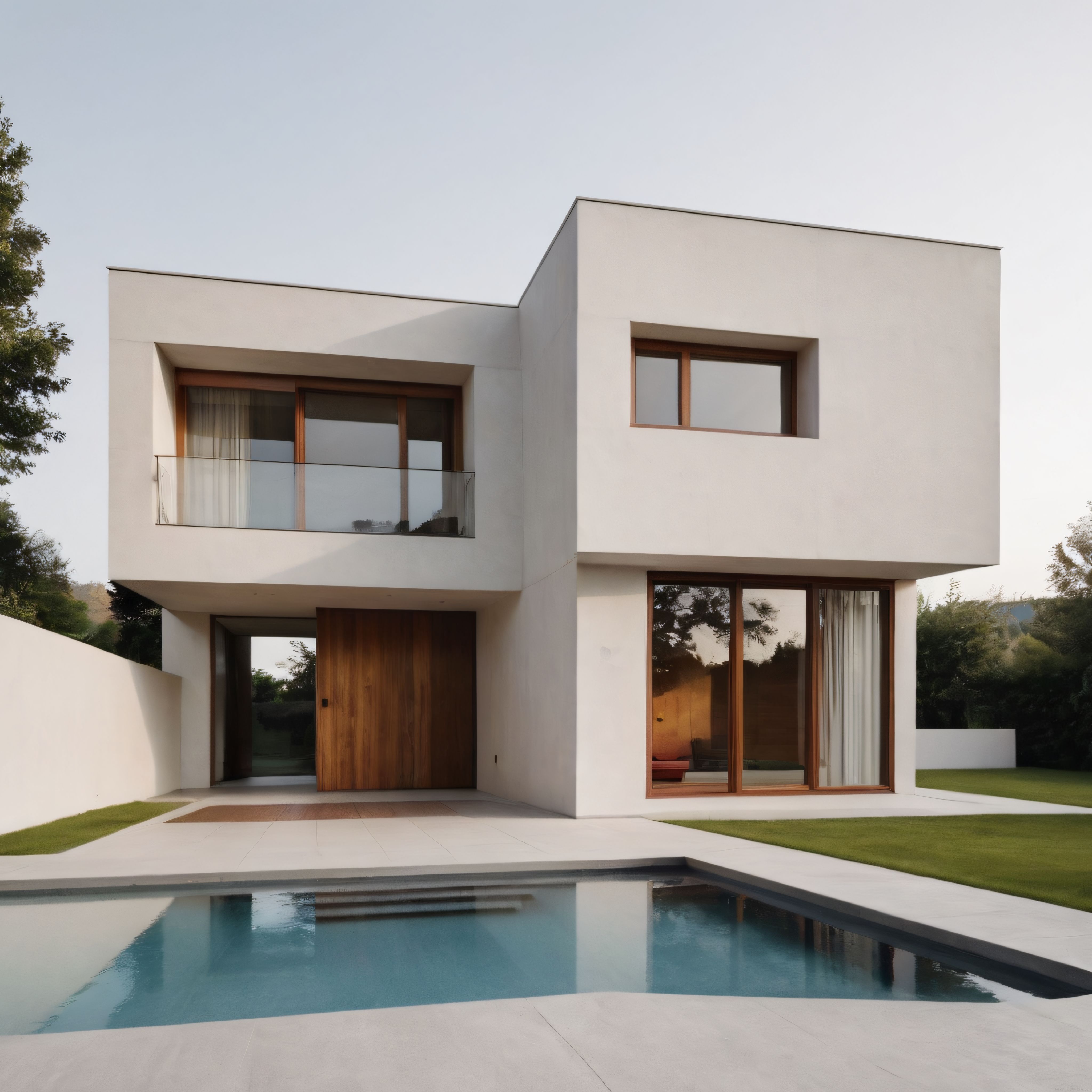 Beyaz beton ve ahşap detaylarla tasarlanmış modern havuzlu villa