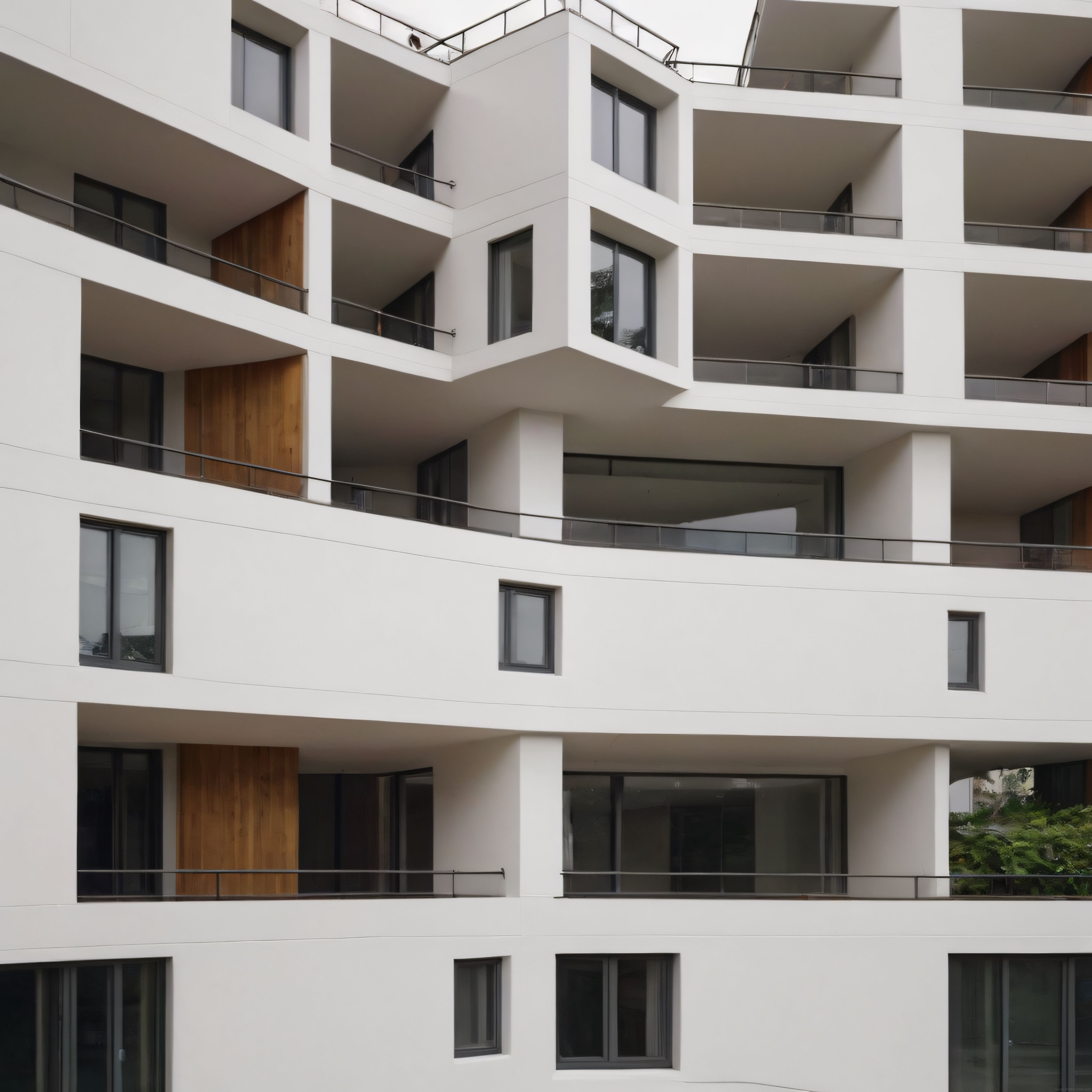 Beyaz beton ve ahşap detaylı modern apartmanın geometrik cephe tasarımı