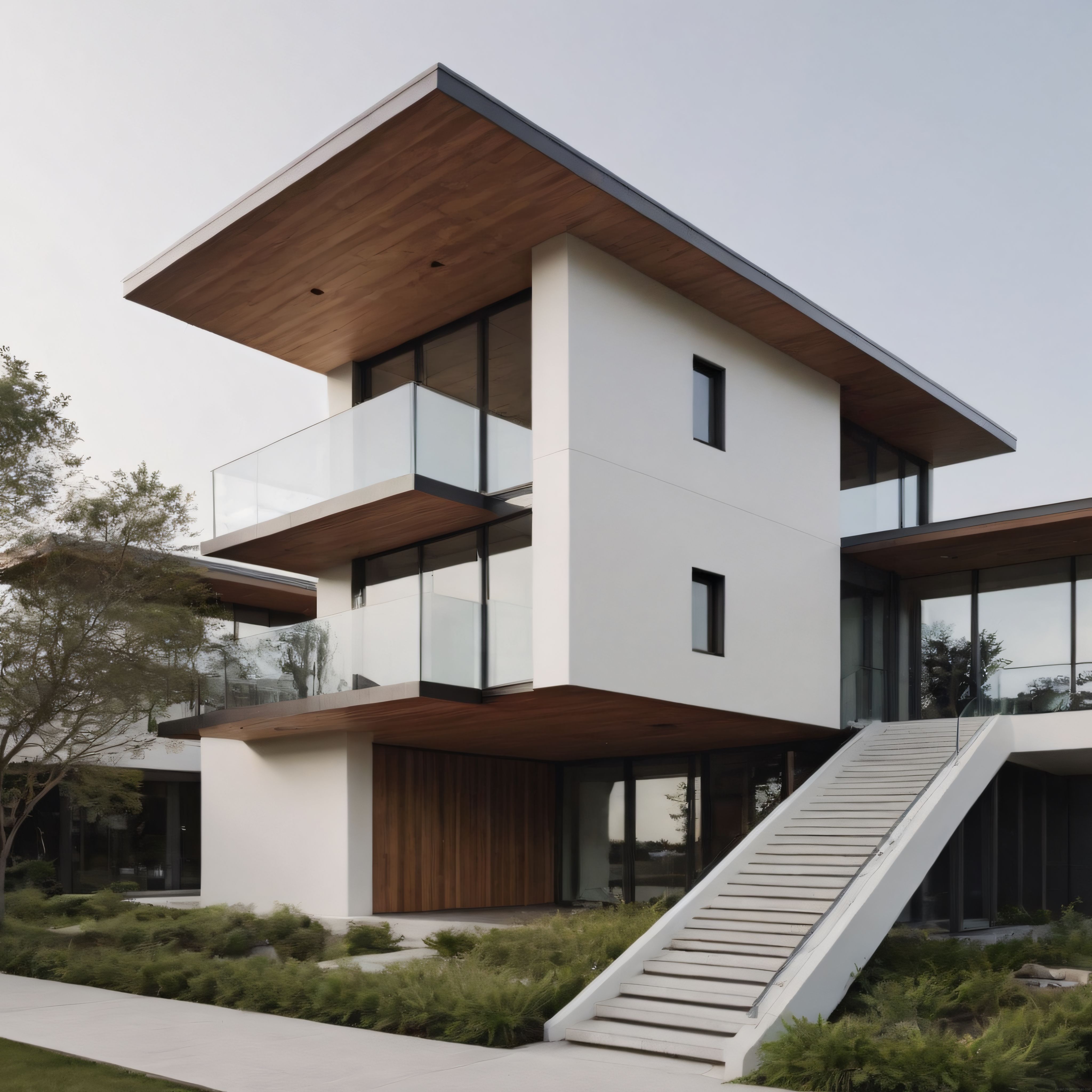 Beyaz Beton ve Ahşap Detaylı Modern Villa ile Cam Balkonların Uyumu