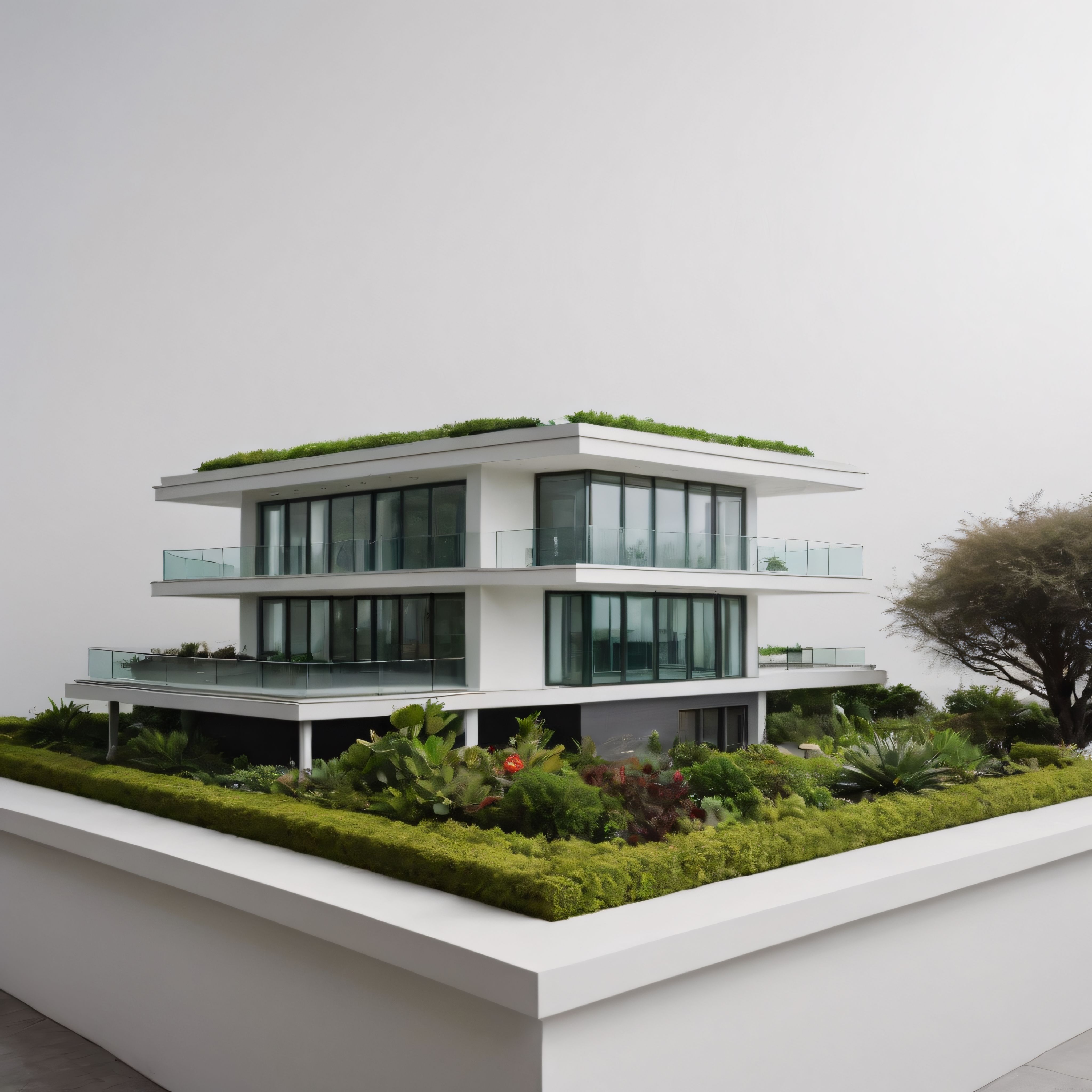 Beyaz Beton ve Cam Detaylı Çatı Bahçeli Çevreci Modern Villa Projesi