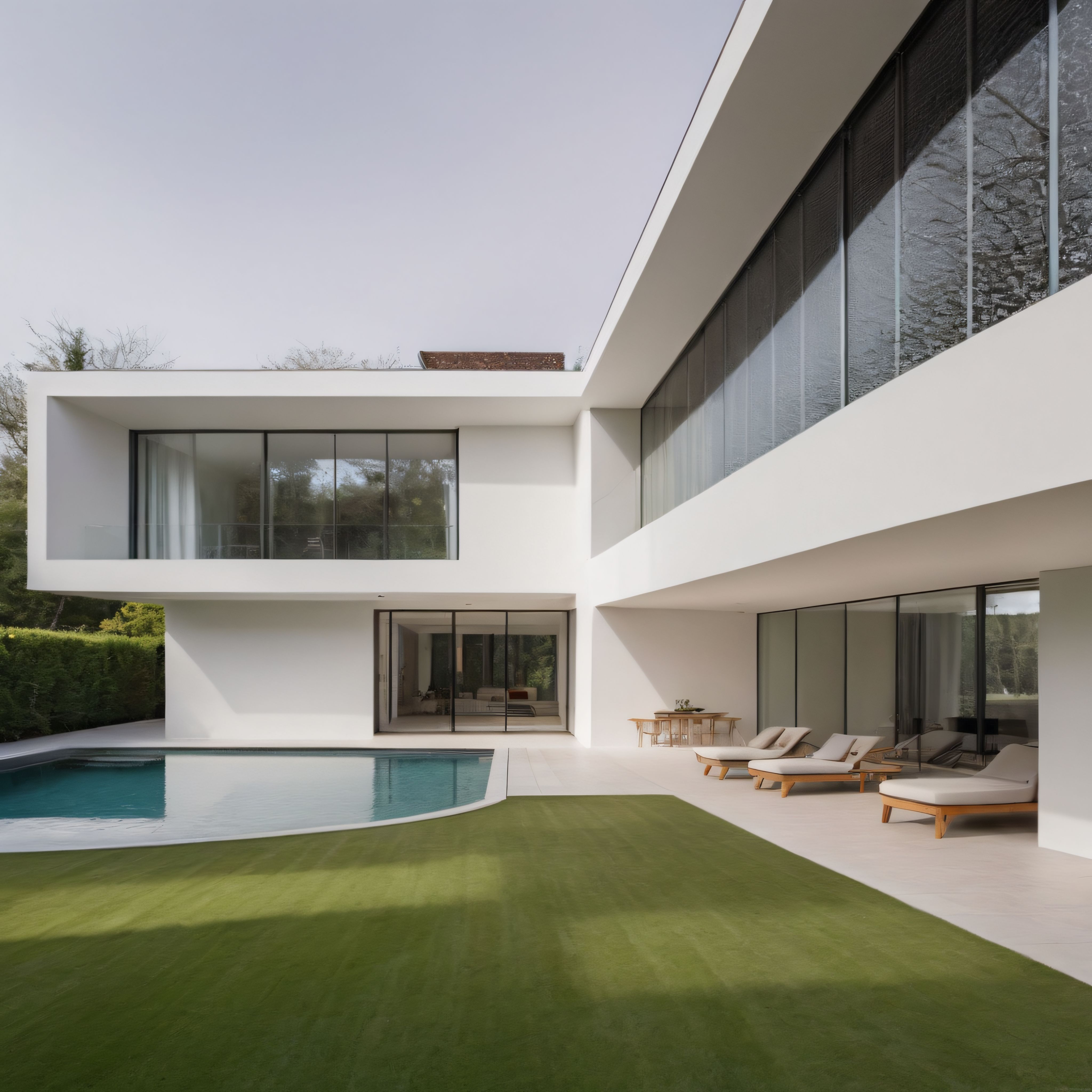 Beyaz Beton ve Geniş Cam Yüzeylerle Çevrili Minimalist Havuzlu Villa
