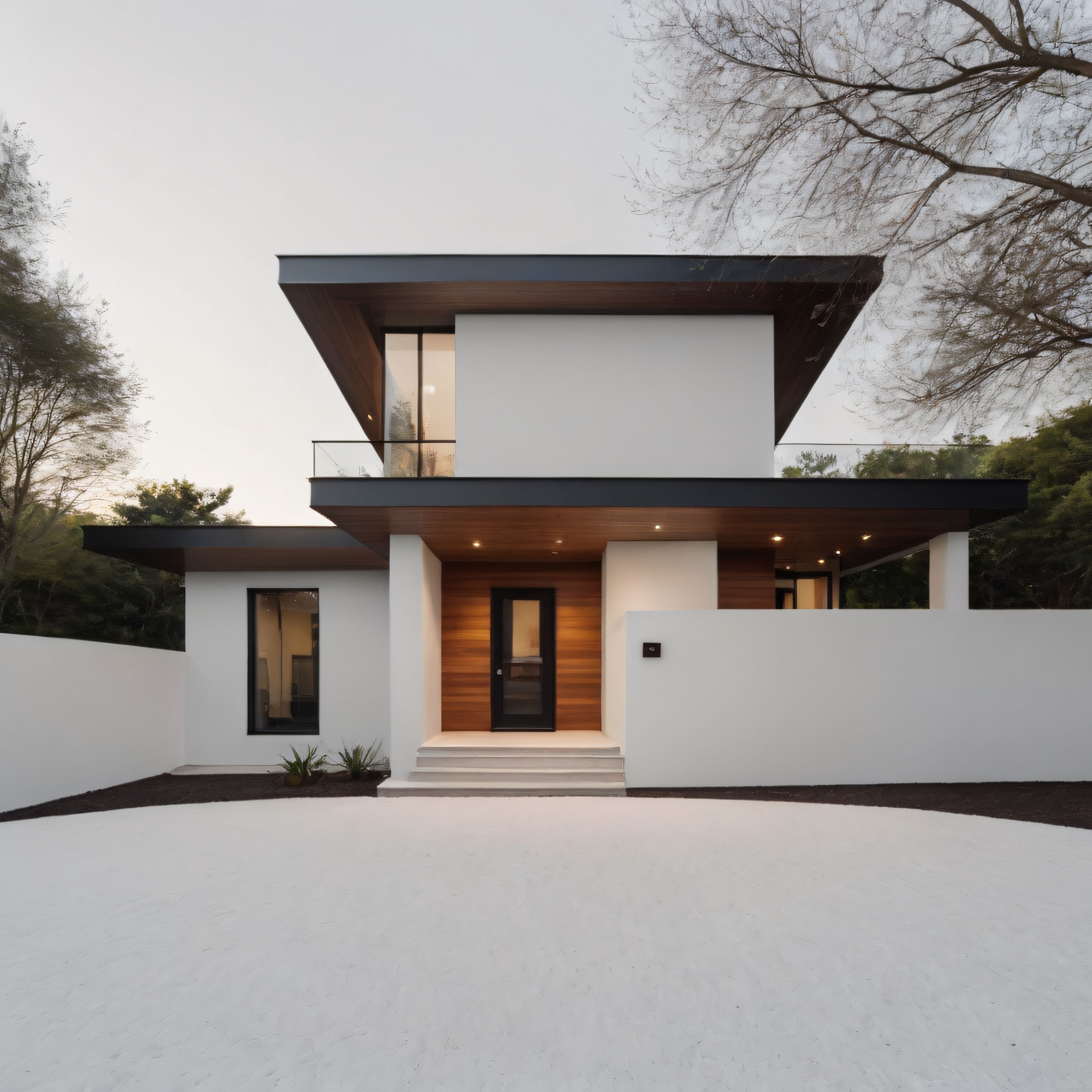 Beyaz Beton ve Sıcak Ahşap Detaylarla Harmanlanmış Modern Villa Cephesi