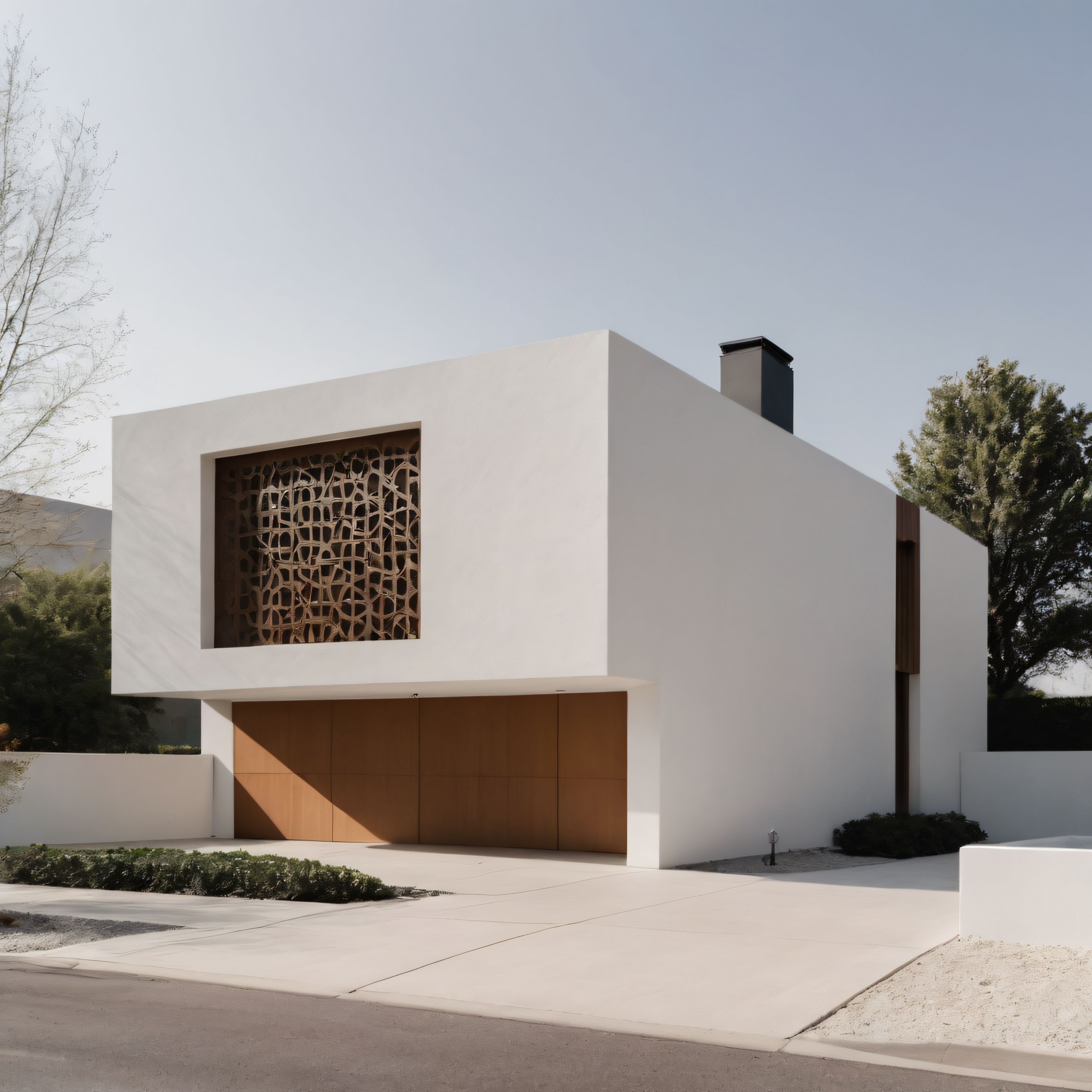 Beyaz Betonarme Cepheye Sahip Geometrik Desenli Pencere Detaylı Modern Villa