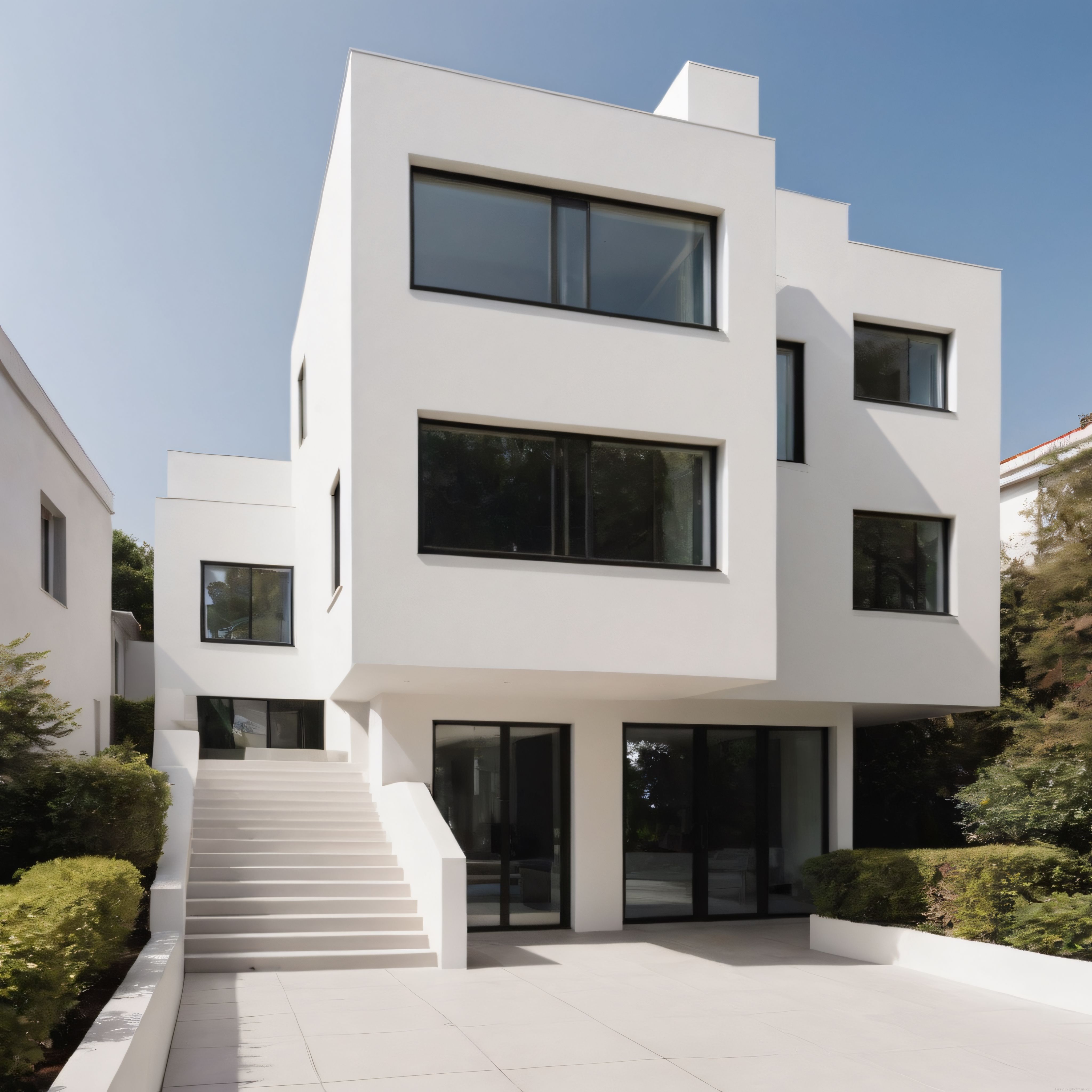 Beyaz Betonarme Villa: Geometrik Hatlar ve Siyah Pencerelerle Modern Tasarım