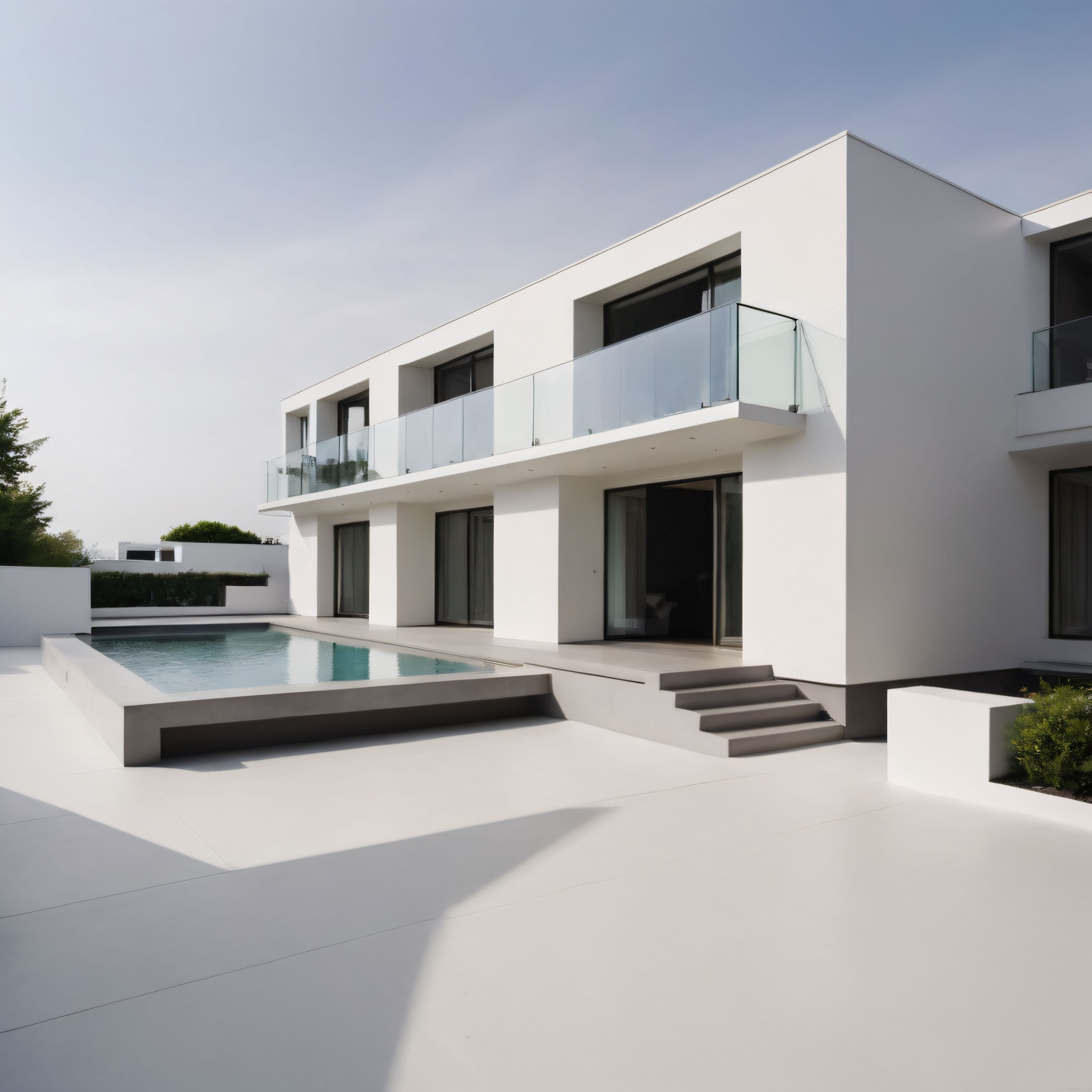 Beyaz betonarme villa ve havuz manzarasıyla sade modern yaşam alanı