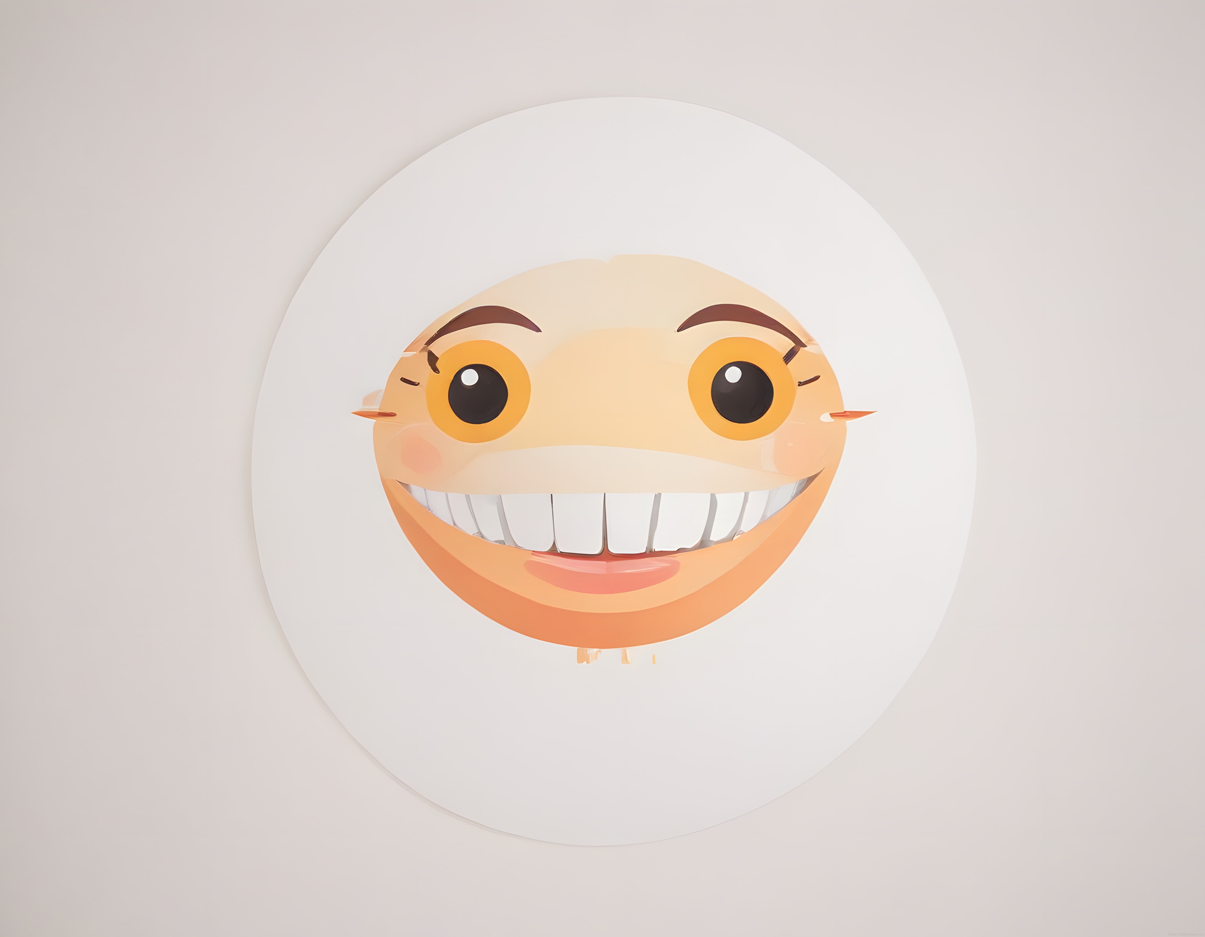 Beyaz bir galeri duvarında asılı duran devasa ve şirin emoji yüzü sanat eseri