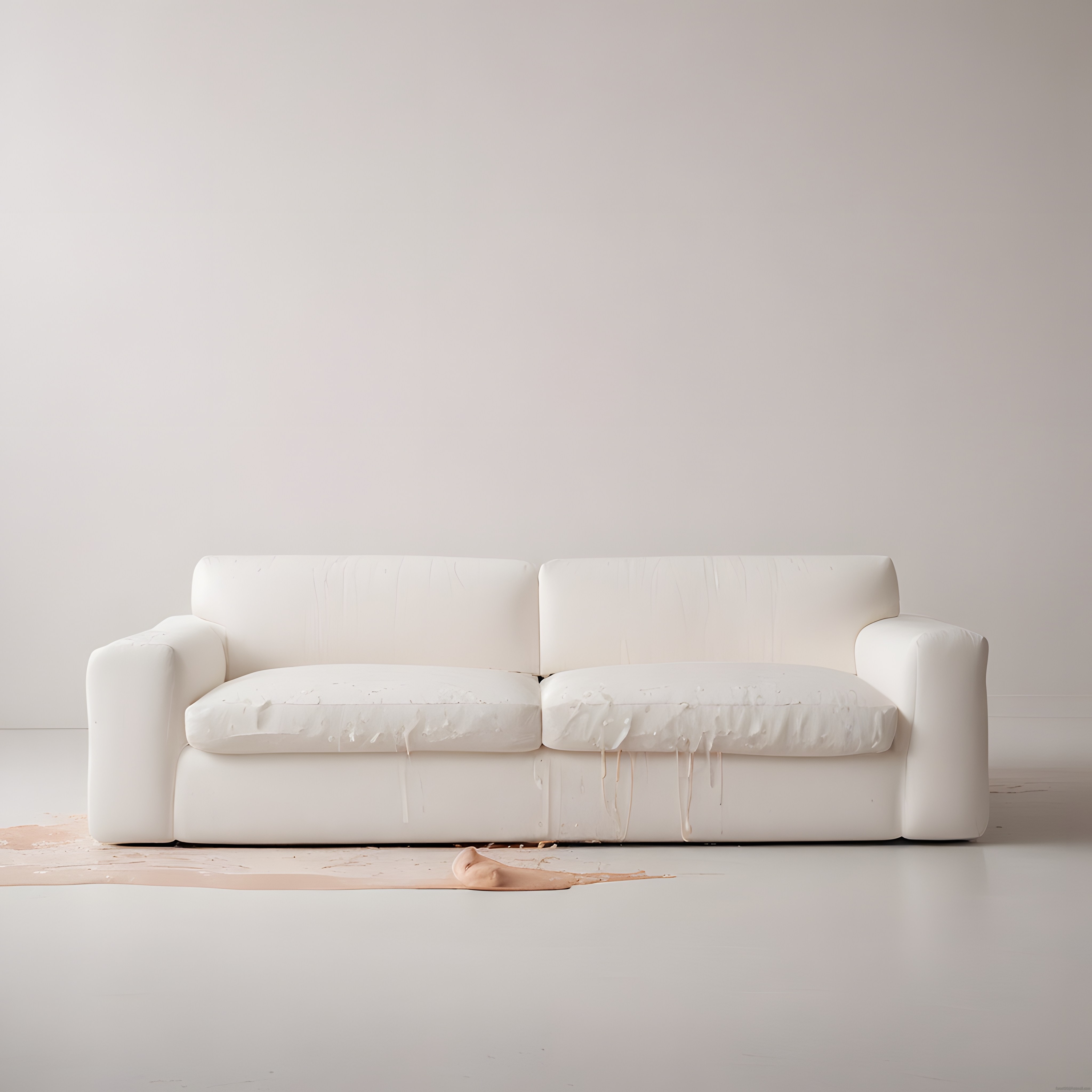 Beyaz bir kanepe üzerine sanatsal bir şekilde dökülmüş krem sıvı ve minimal oda