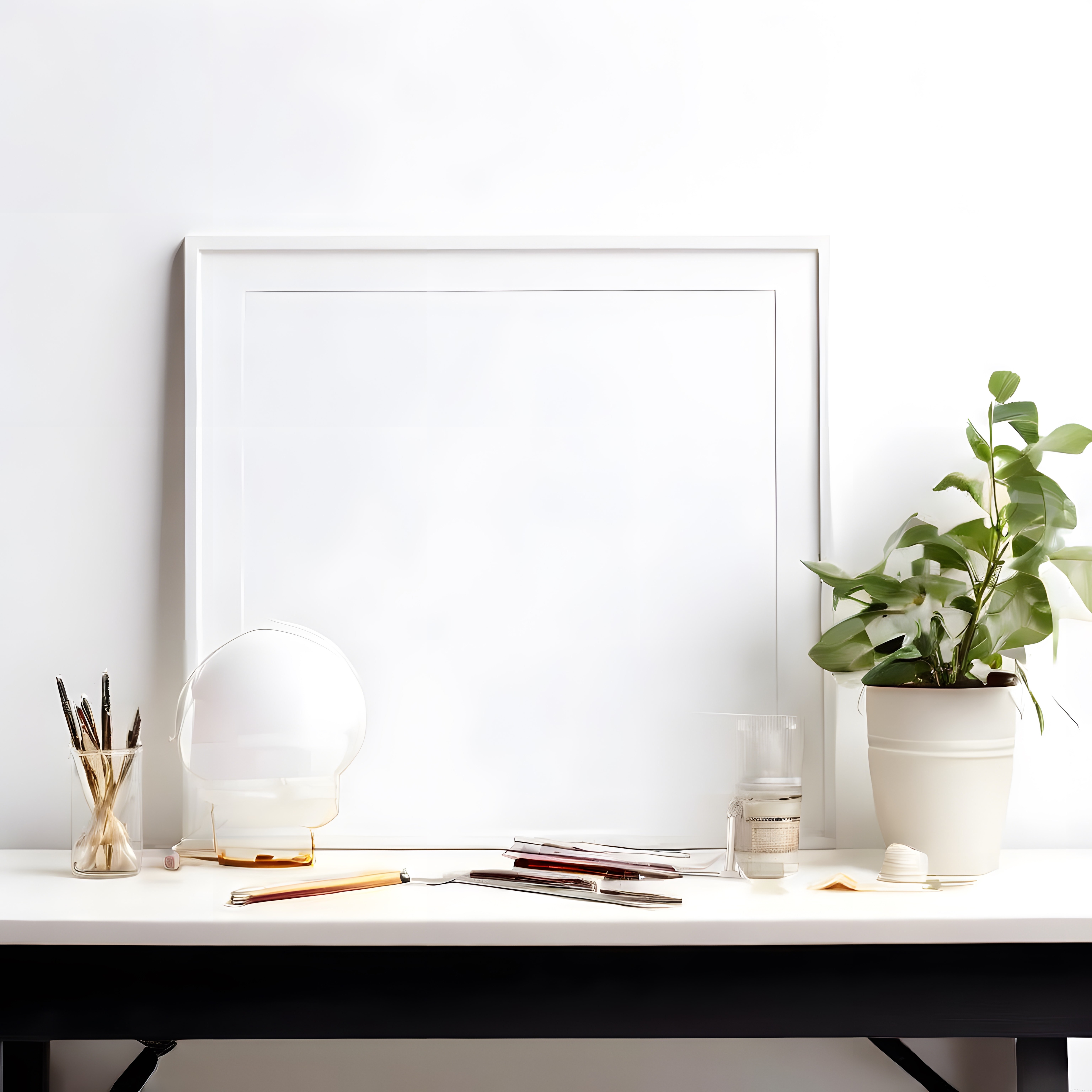 Beyaz Boş Çerçeveli Sanatçı Masası ve Aydınlık Minimalist Dekorasyon