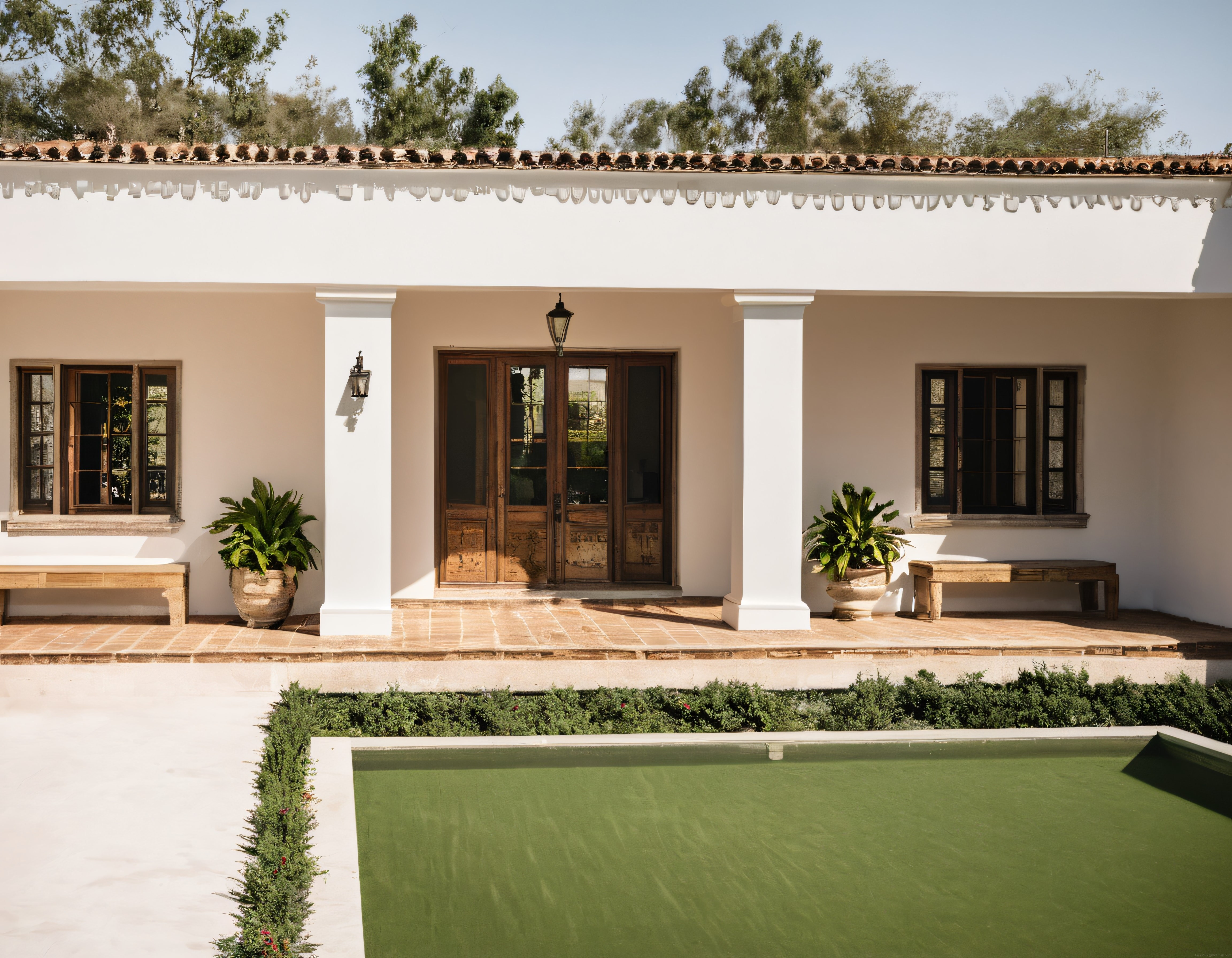 Beyaz Boyalı Akdeniz Tarzı Havuzlu Villa ve Veranda Manzarası