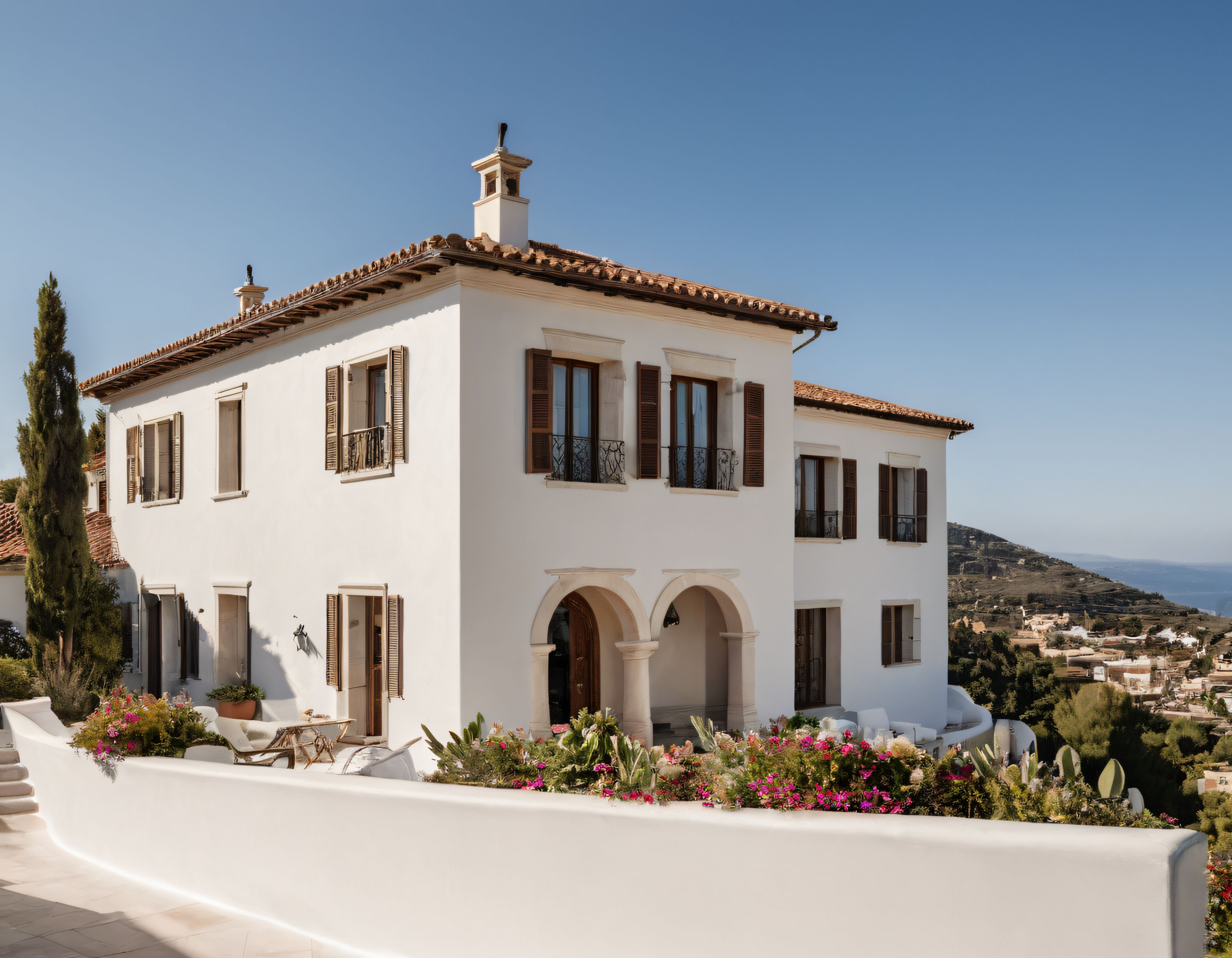 Beyaz boyalı lüks villa, deniz manzaralı bahçeli Akdeniz tarzı tatil evi