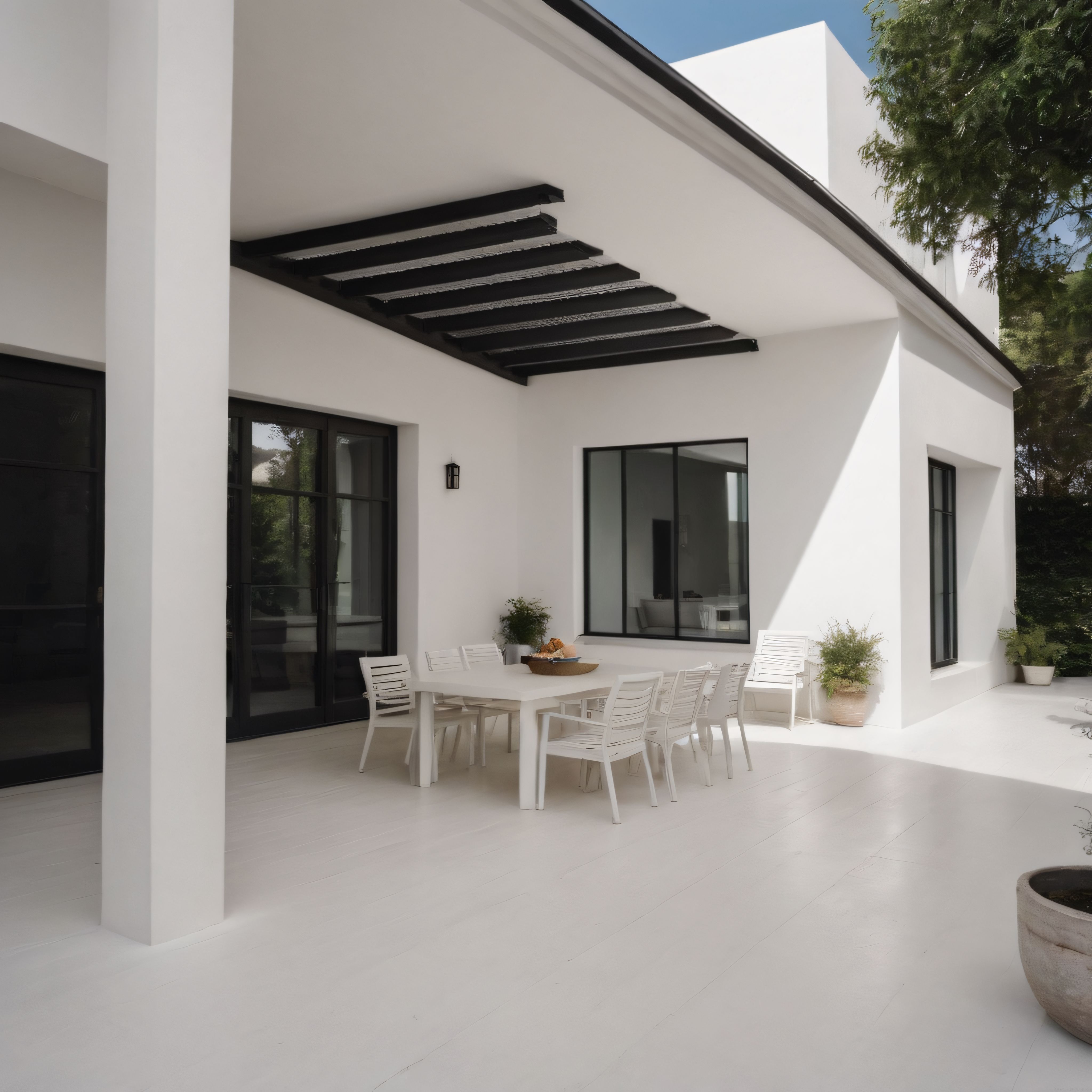 Beyaz boyalı modern villa verandası, şık bahçe mobilyaları ve gölgelik tasarımı