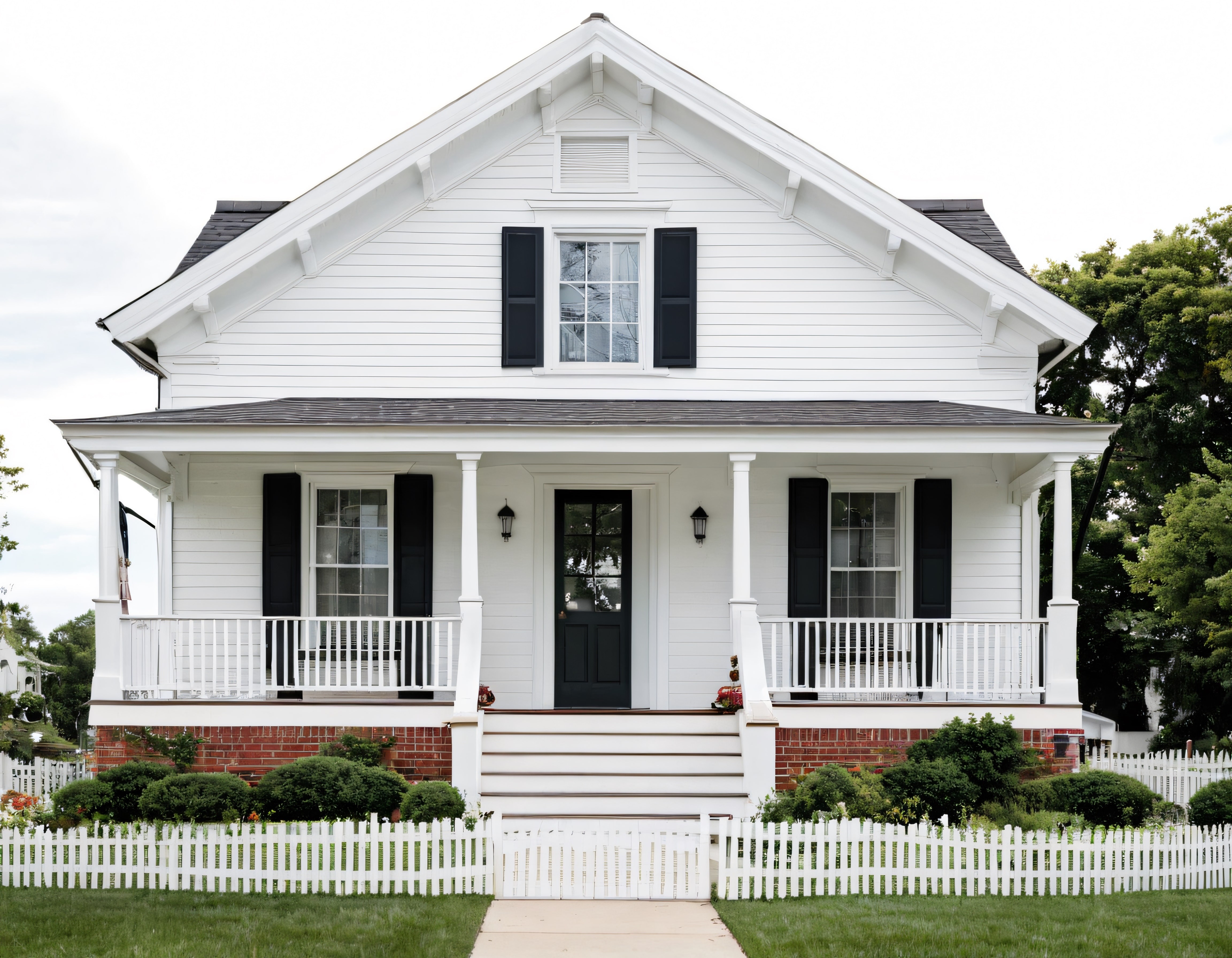 Beyaz Boyalı Verandalı Klasik Amerikan Evi ve Yeşil Ön Bahçe