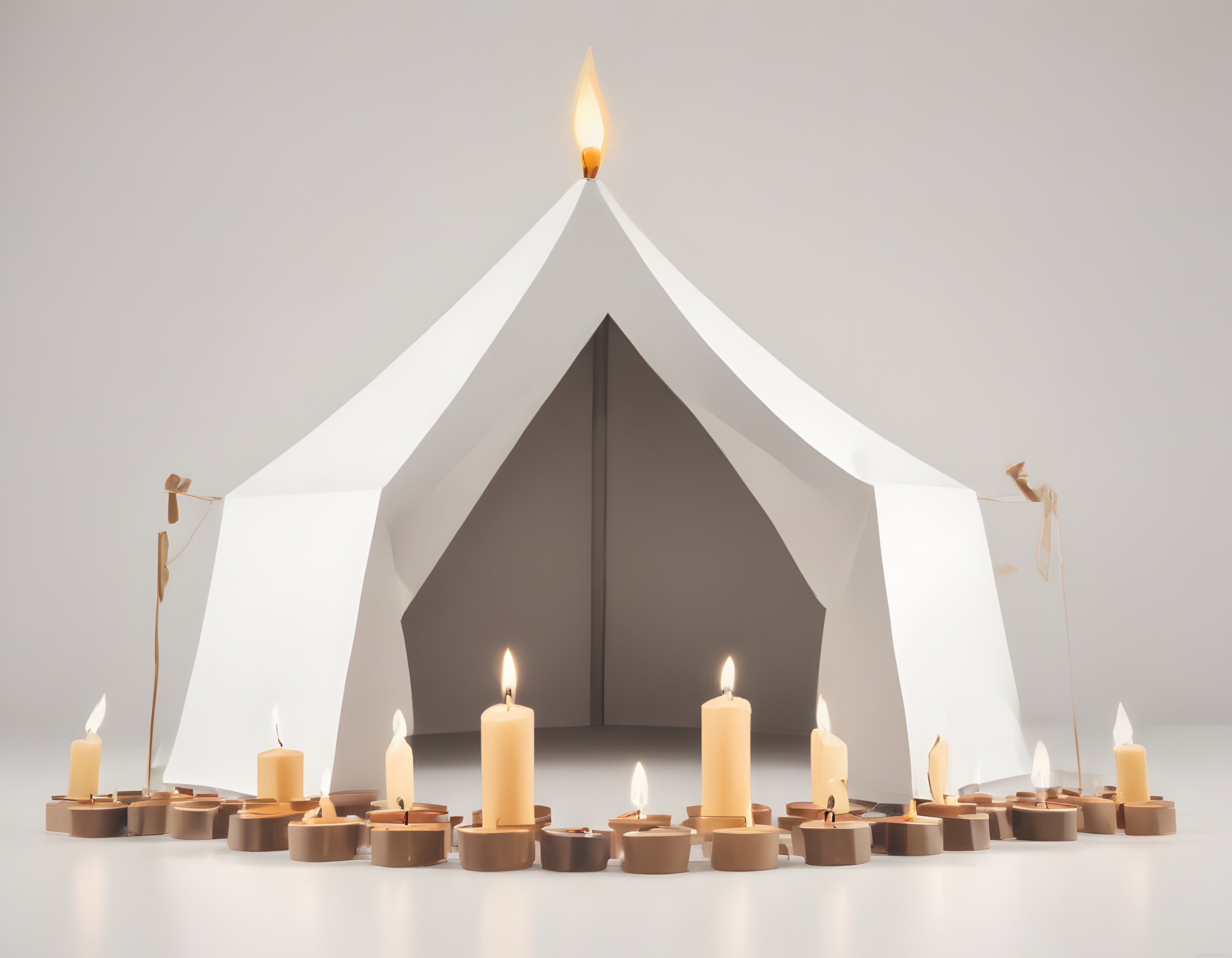 Beyaz Çadır Önünde Farklı Boyutlardaki Mumlarla Sakin Meditasyon Alanı