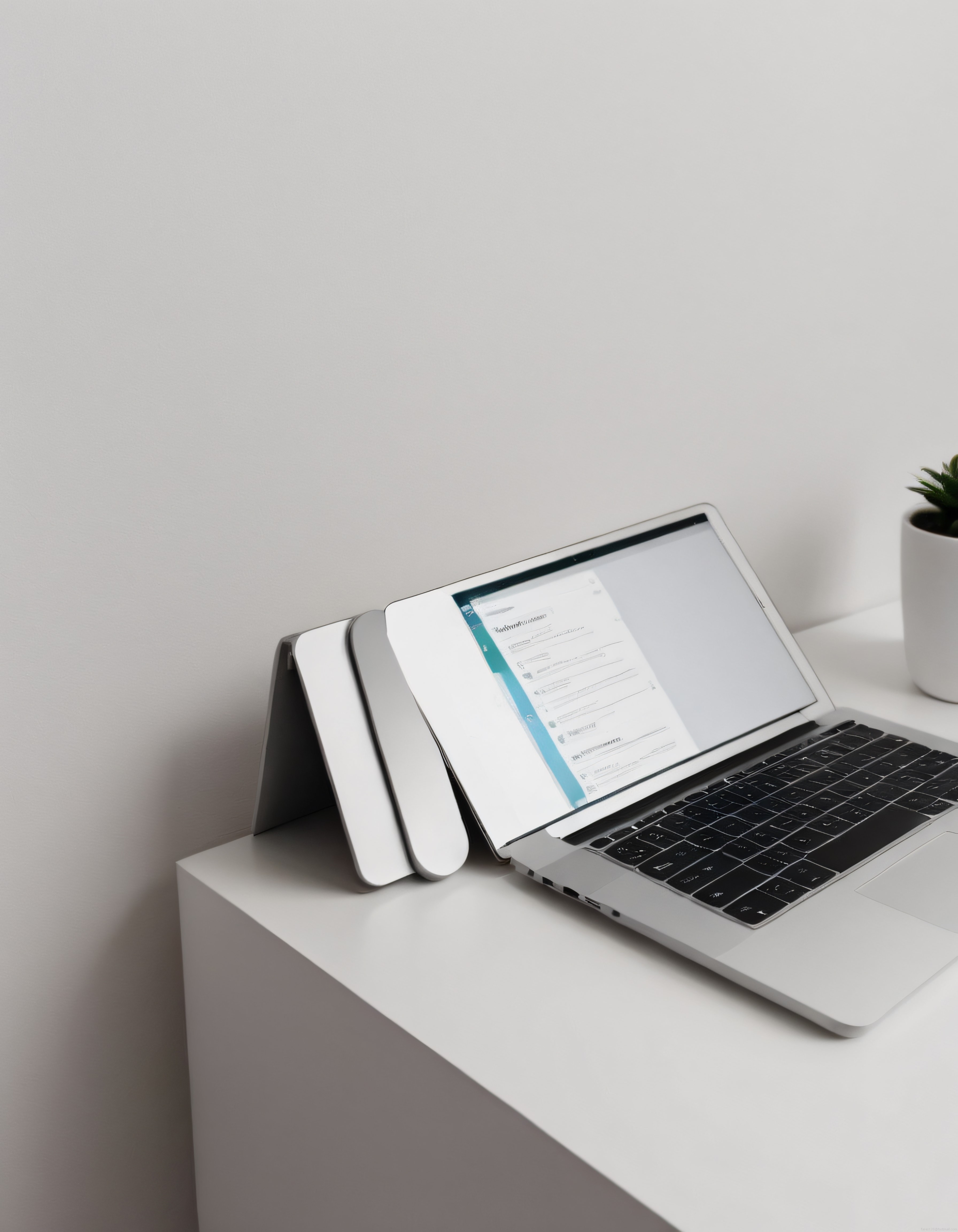 Beyaz Çalışma Masasında Dizüstü Bilgisayar ve Minimalist Ofis Dekoru