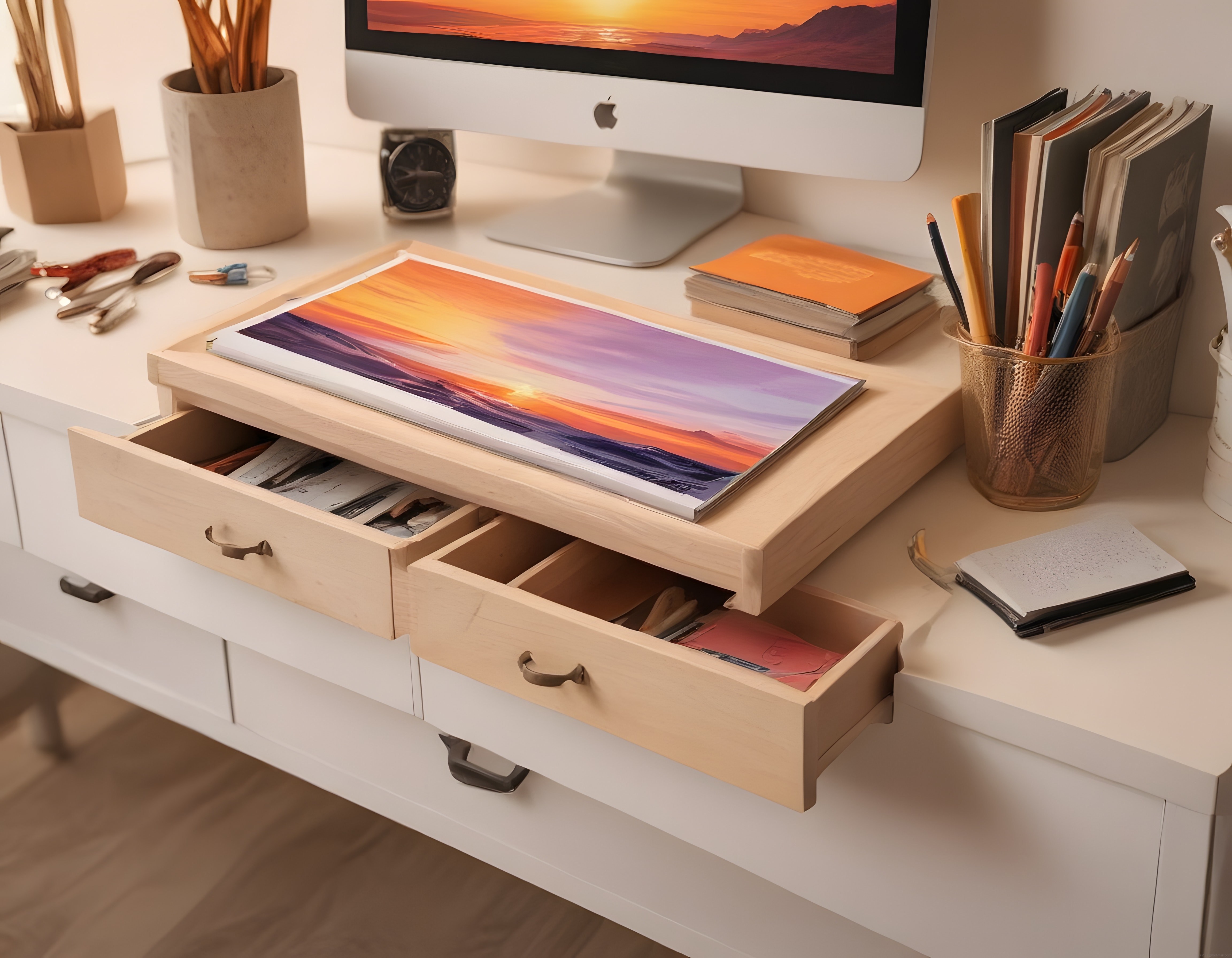 Beyaz Çalışma Masasında Gün Batımı Temalı Sanat Tasarımı ve Minimal Düzen