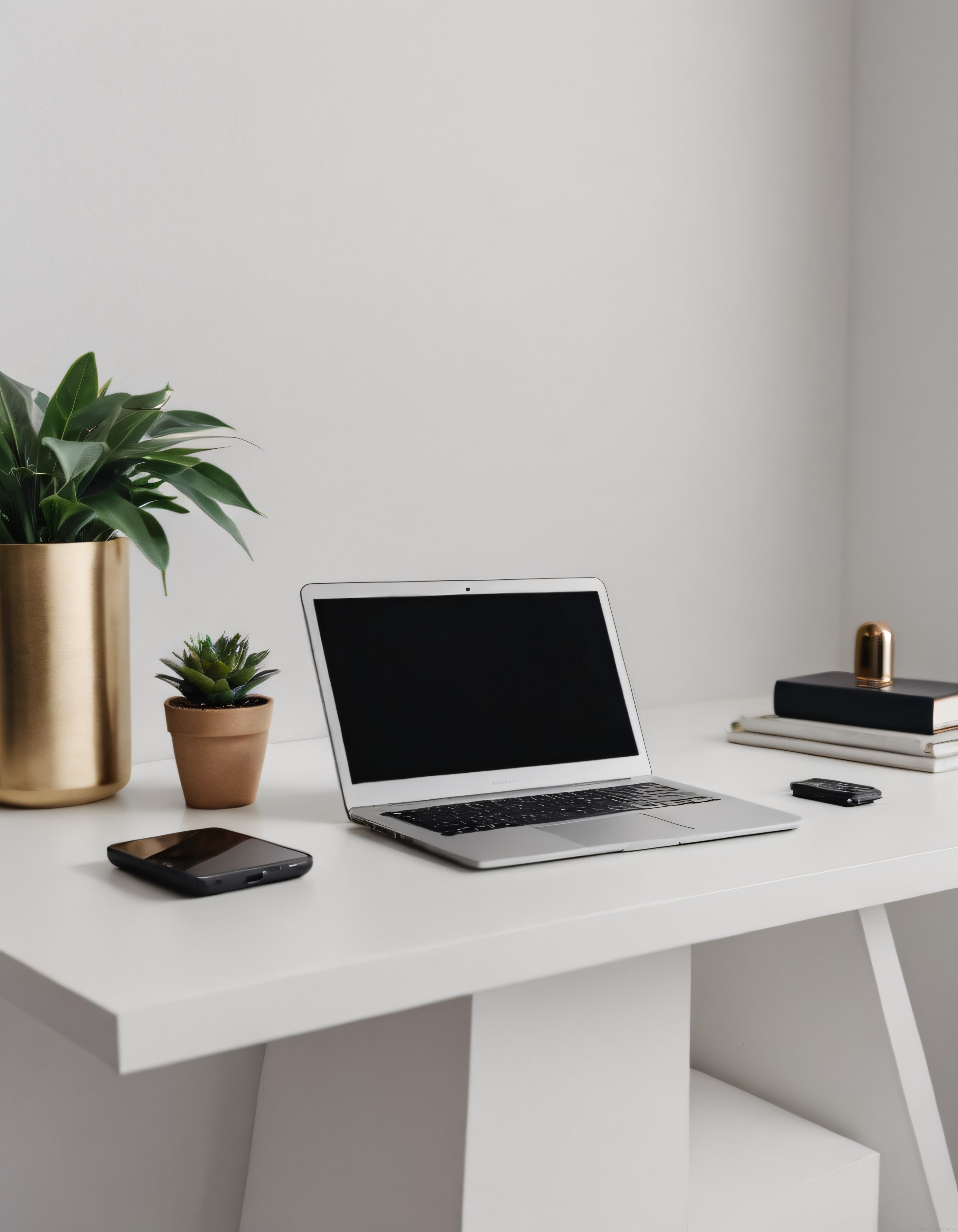 beyaz çalışma masasında laptop ve yeşil bitkilerle modern ev ofis dekorasyonu