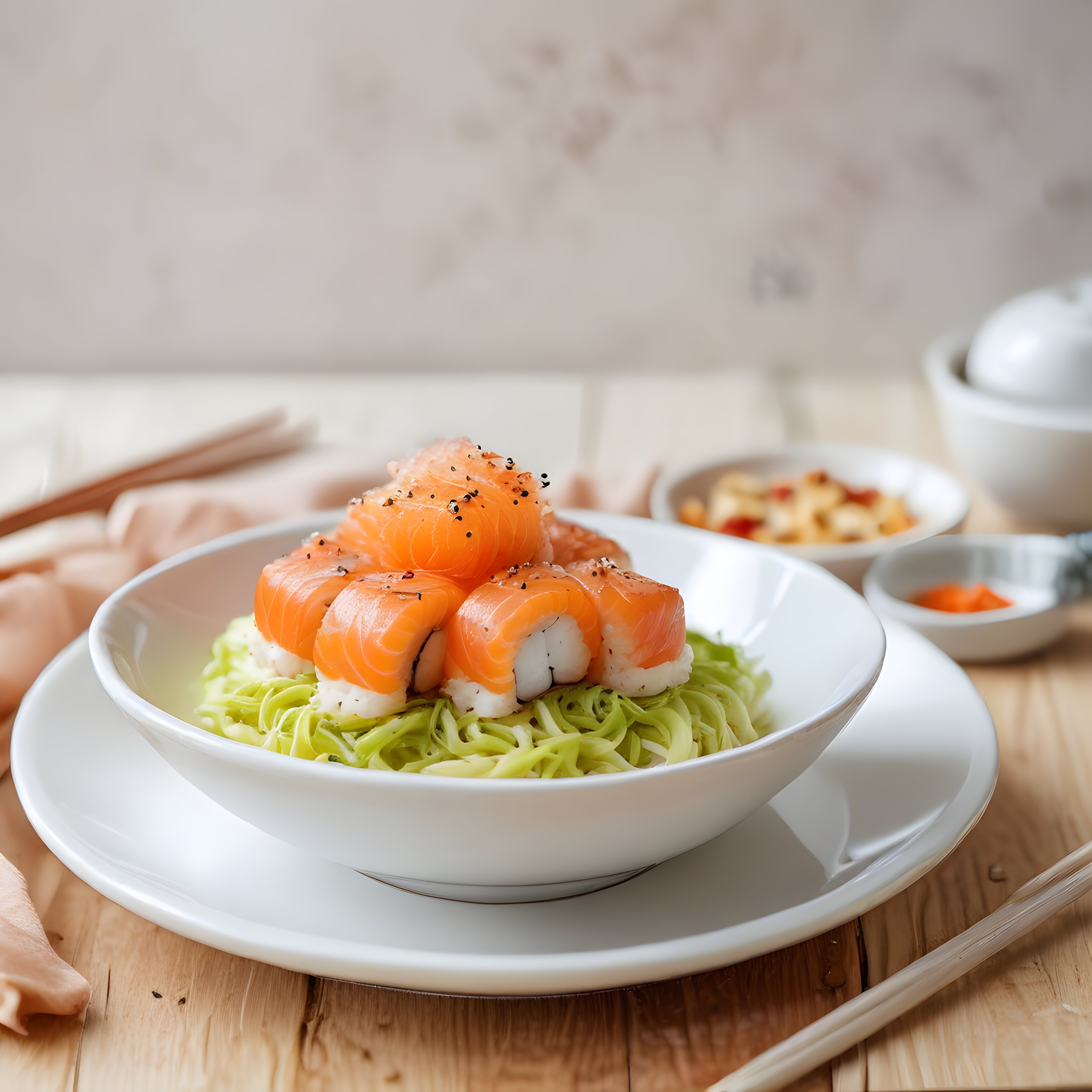 Beyaz Çanakta Taze Somonlu Sushi ve Modern Japon Sunum Detayları