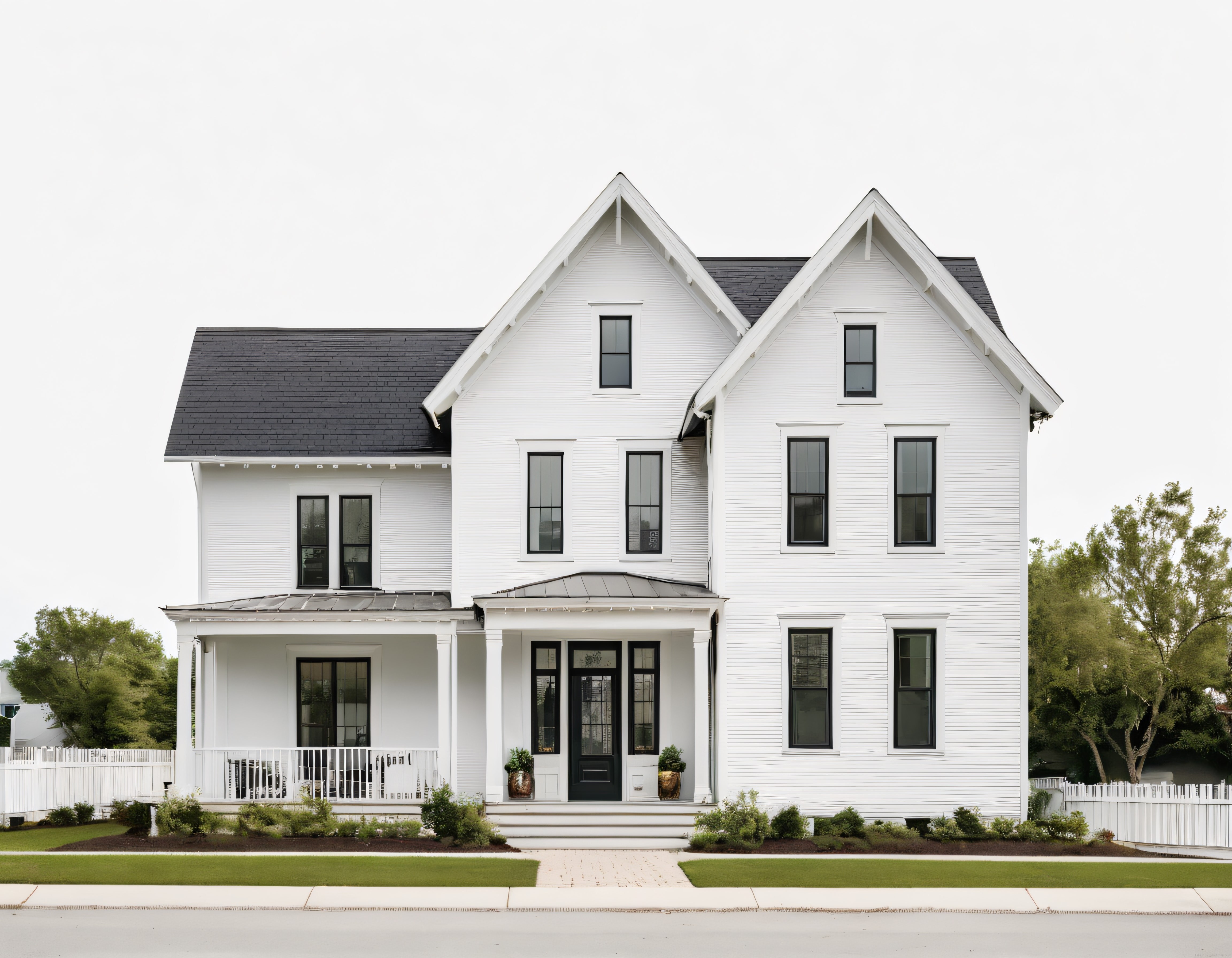 Beyaz Cepheli Modern Farmhouse Tarzı İki Katlı Villa ve Düzenli Ön Bahçe