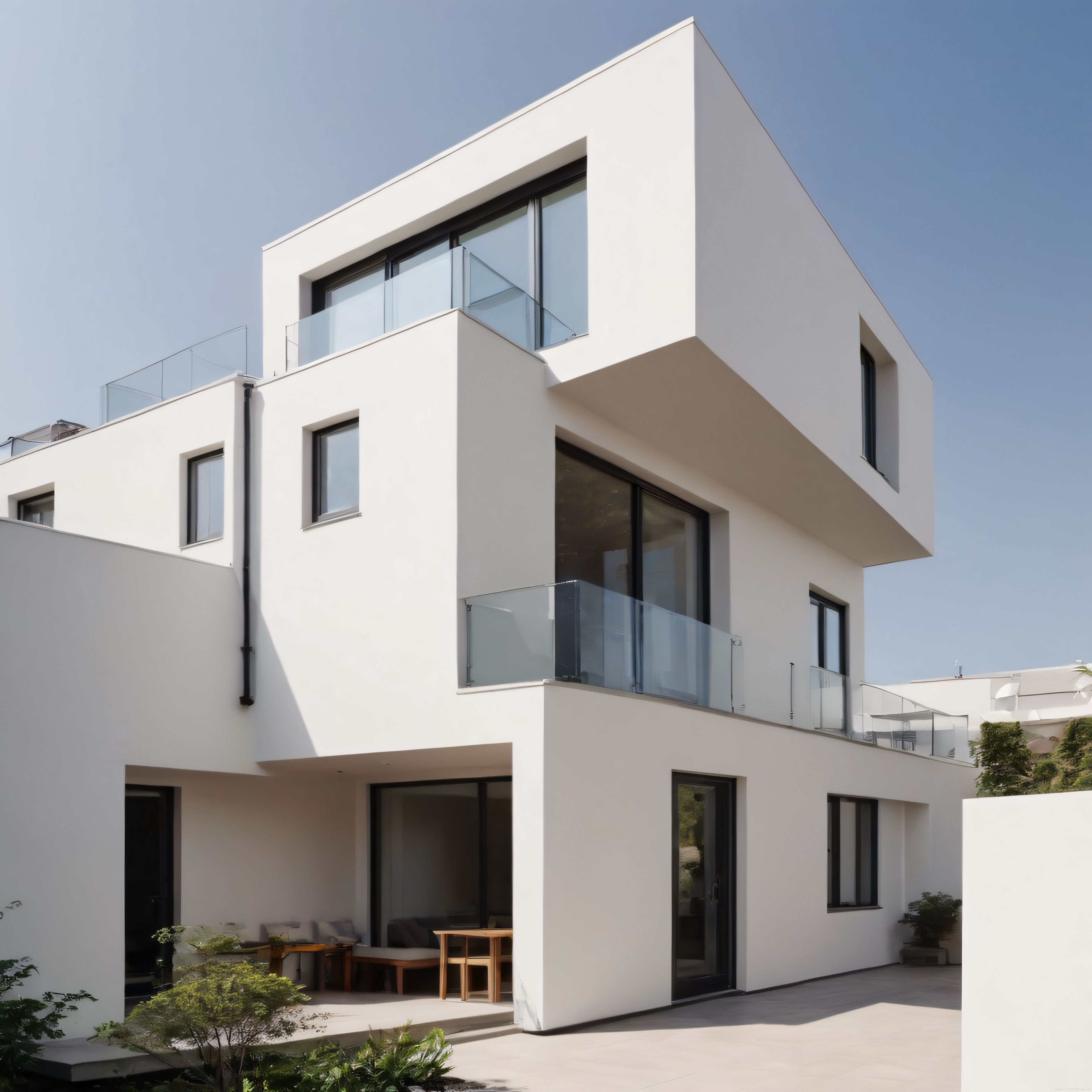 Beyaz cepheli modern minimalist villa tasarımı ve cam korkuluklu balkonlar