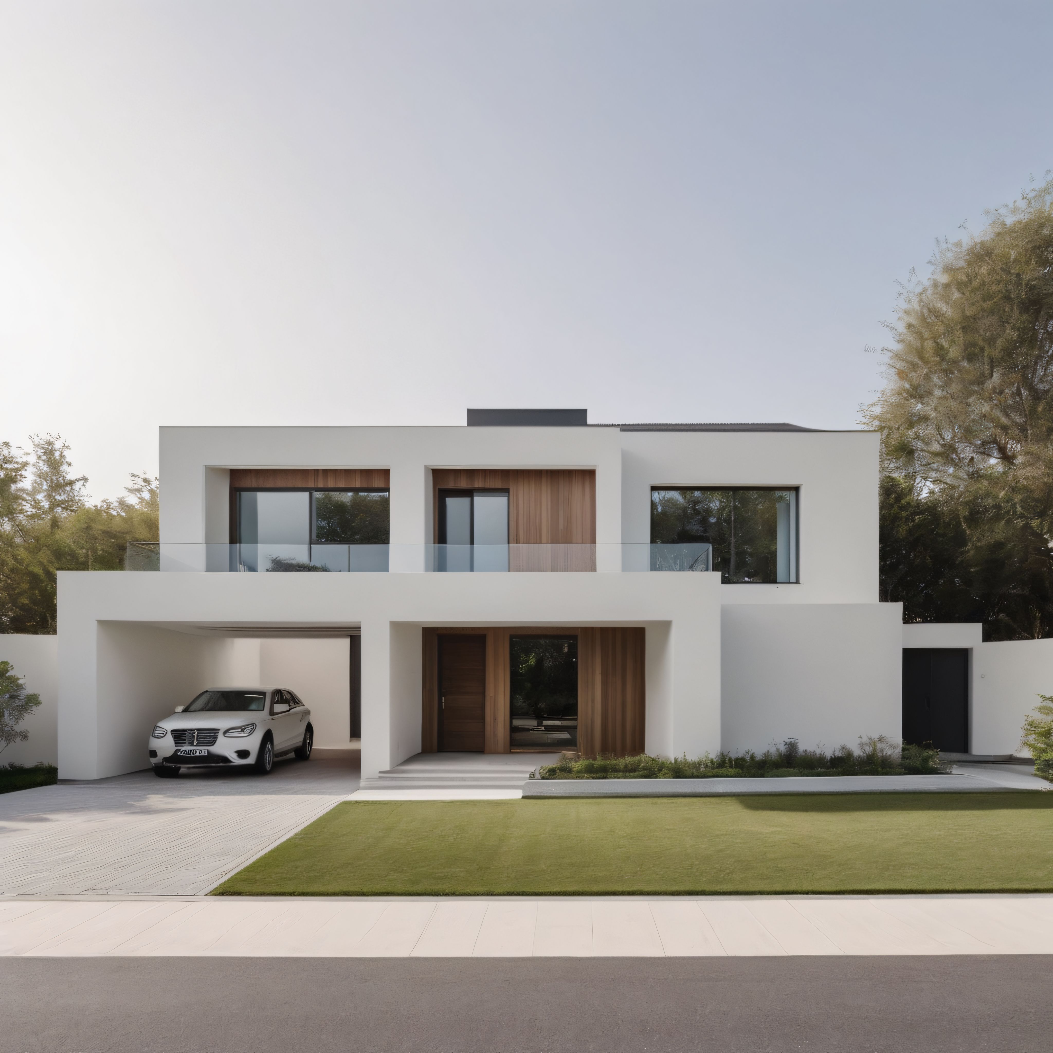 Beyaz cepheli modern villa ön cephe mimarisi ve minimal bahçe düzenlemesi
