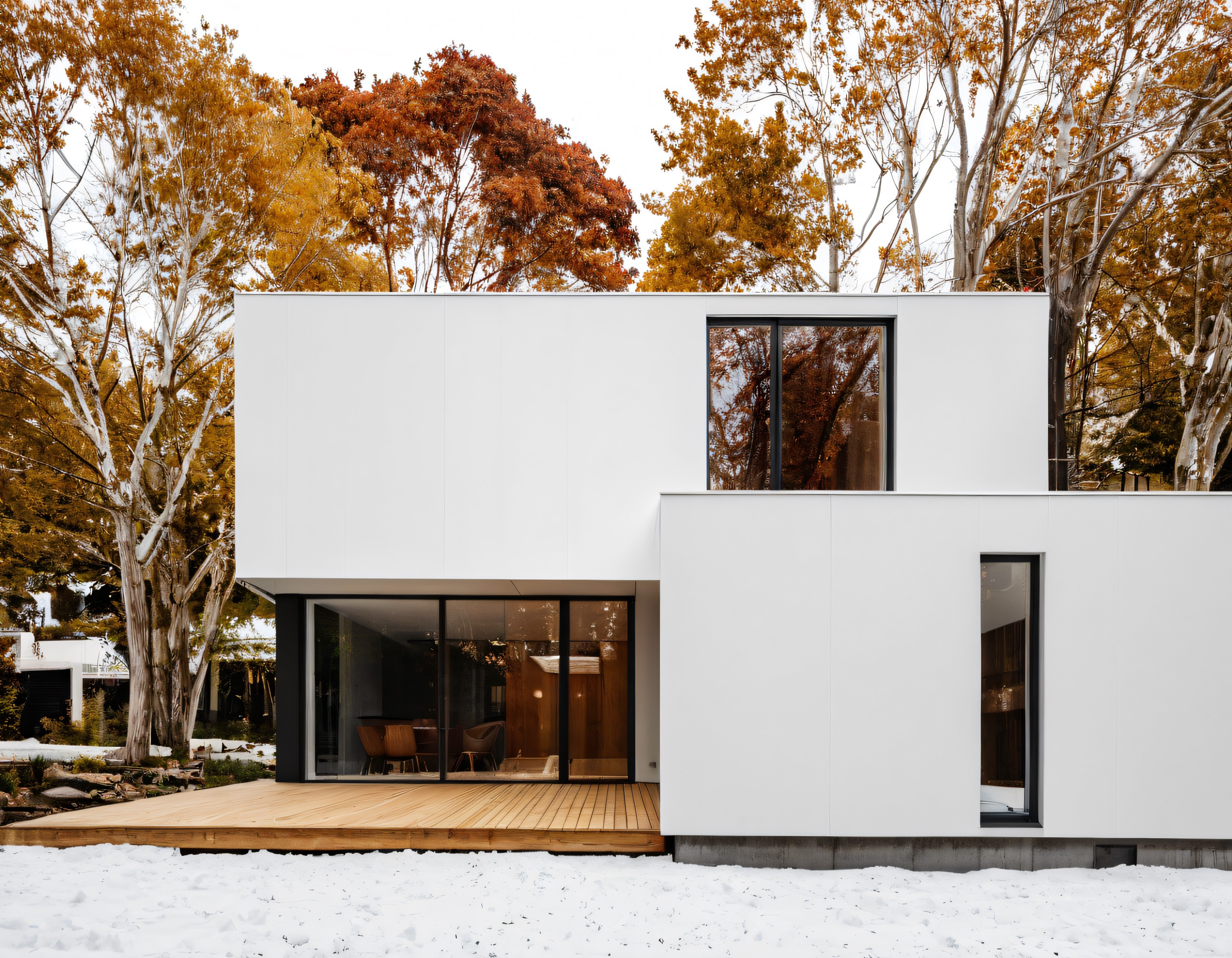 Beyaz Cepheli Modern Villa, Sonbahar Ağaçları ve Karla Kaplı Bahçenin Uyumu